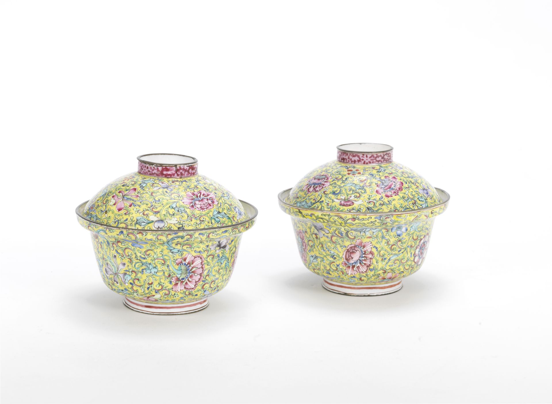 A PAIR OF PAINTED ENAMEL YELLOW-GROUND BOWLS AND COVERS 18th century (4)