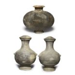 A PAIR OF LARGE GREY POTTERY VASES AND COVERS, HU, AND A POTTERY COCOON JAR Han Dynasty (5)