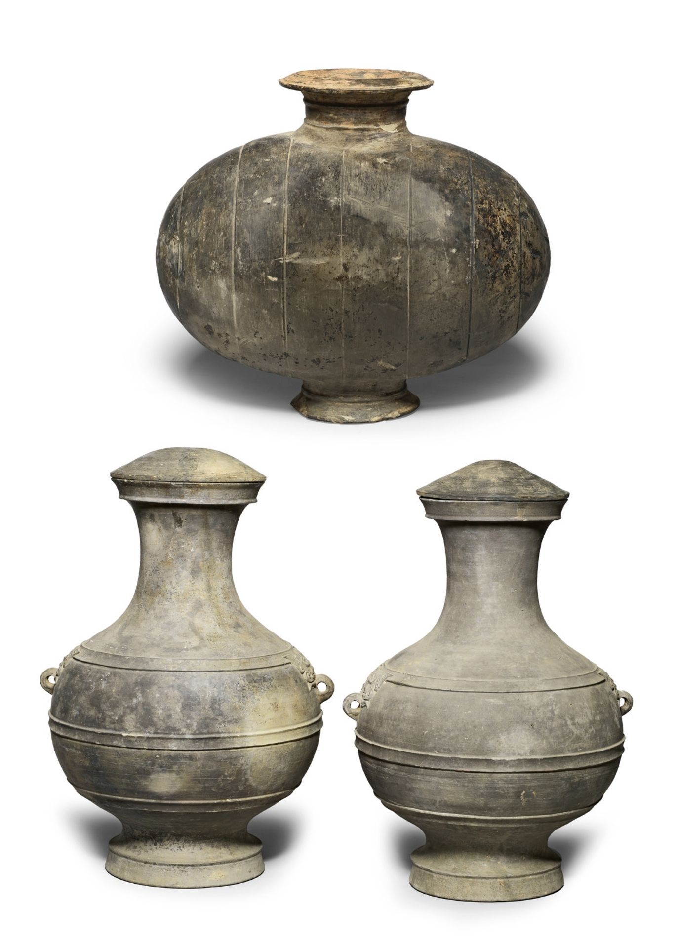 A PAIR OF LARGE GREY POTTERY VASES AND COVERS, HU, AND A POTTERY COCOON JAR Han Dynasty (5)