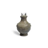 AN ARCHAIC BRONZE RITUAL WINE VESSEL AND COVER, HU Han Dynasty (2)