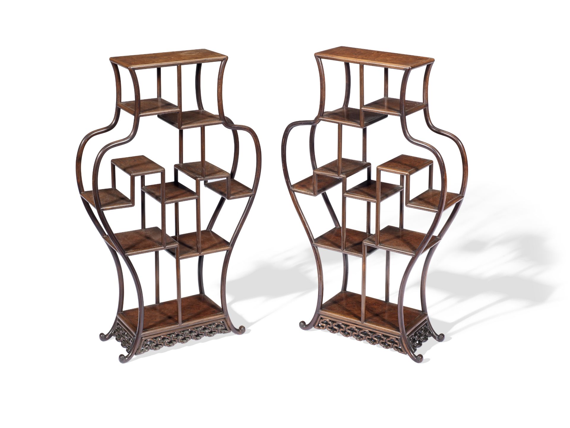 A PAIR OF WOOD VASE-SHAPED DISPLAY CABINETS (2)