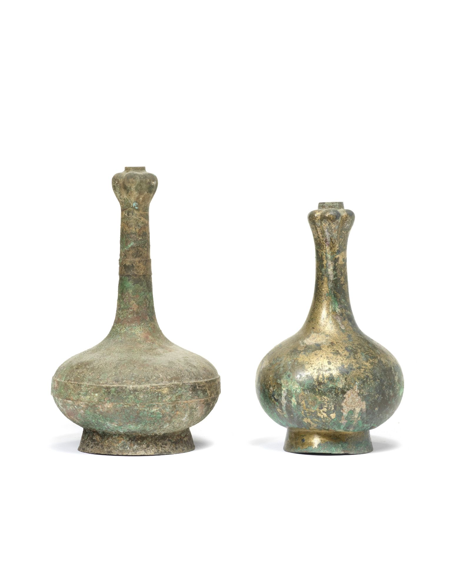 TWO ARCHAIC BRONZE GARLIC-HEAD VASES, HU Han Dynasty (2)