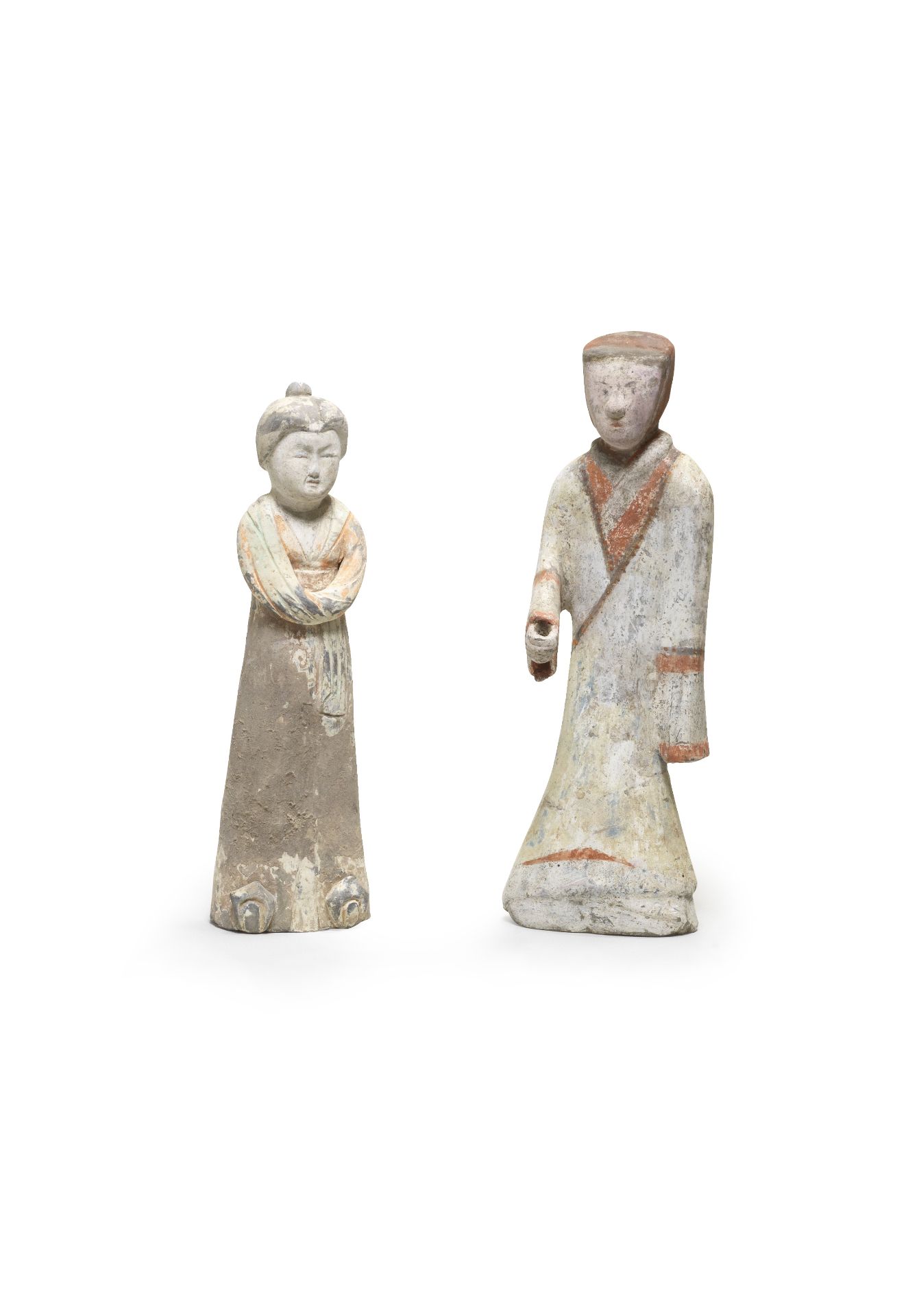 TWO PAINTED POTTERY FIGURES (3)
