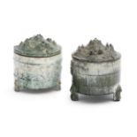 TWO GREEN-GLAZED POTTERY TRIPOD INCENSE BURNERS AND COVERS, LIAN Western Han Dynasty (4)