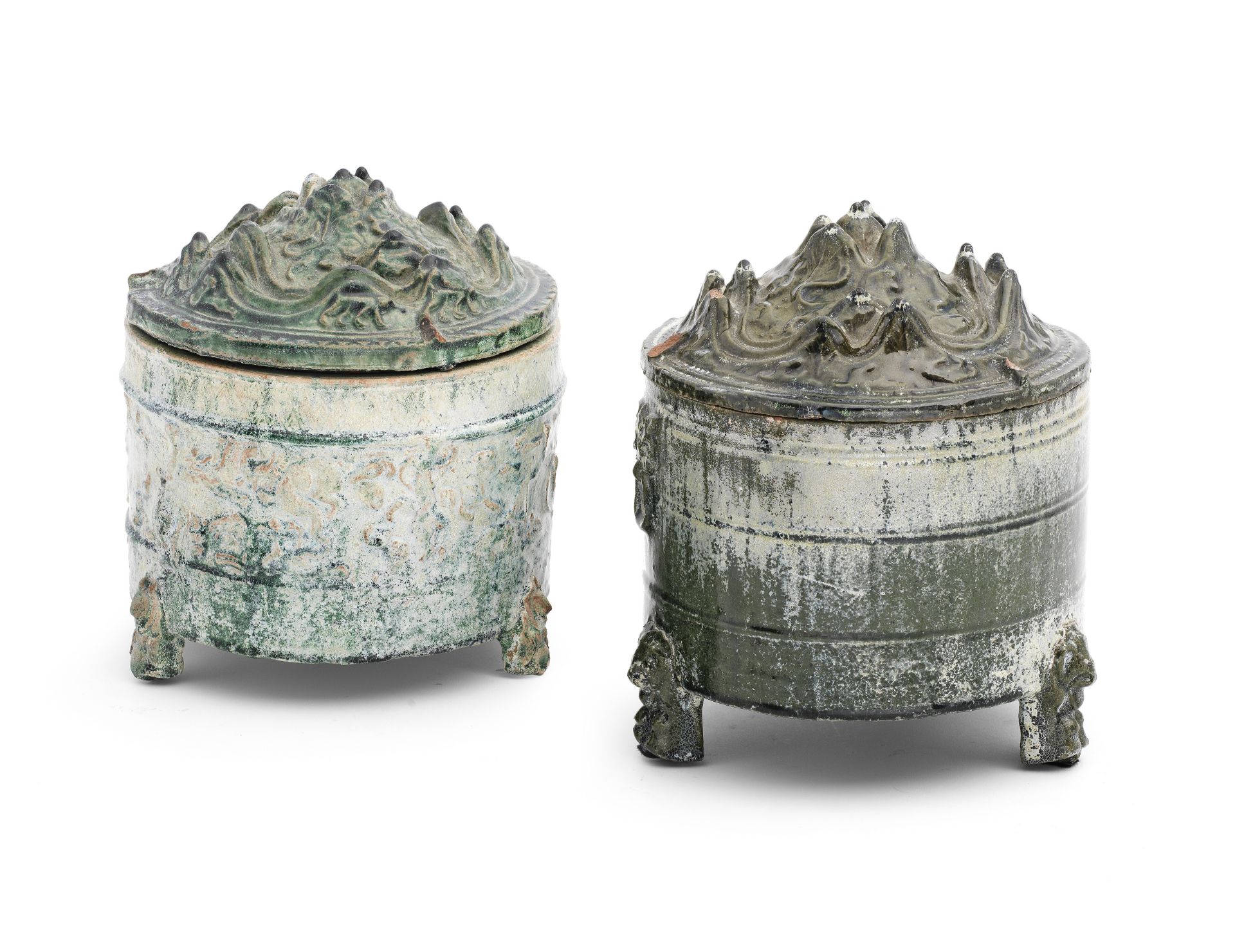 TWO GREEN-GLAZED POTTERY TRIPOD INCENSE BURNERS AND COVERS, LIAN Western Han Dynasty (4)