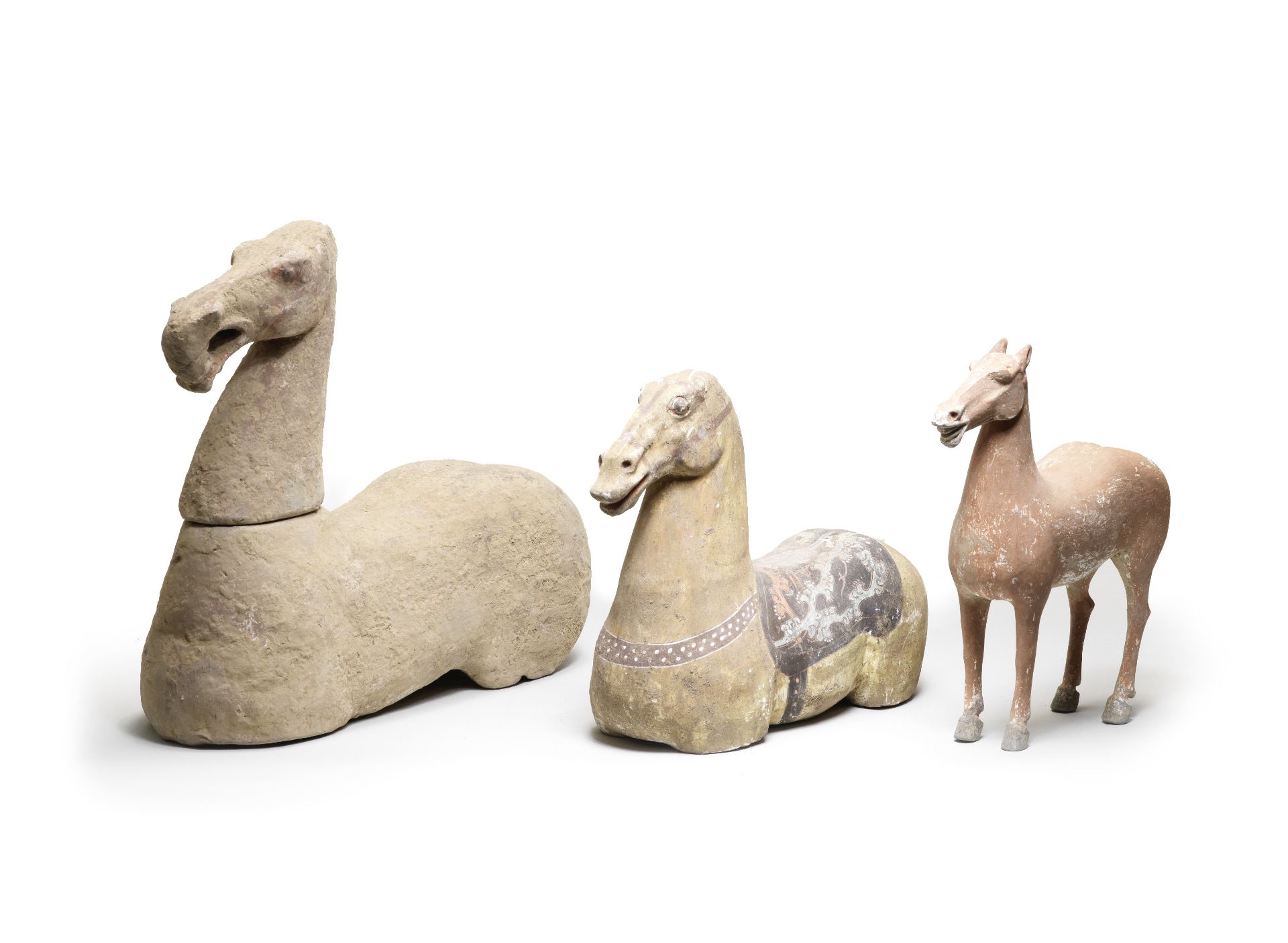 THREE POTTERY MODELS OF HORSES Han Dynasty (4)