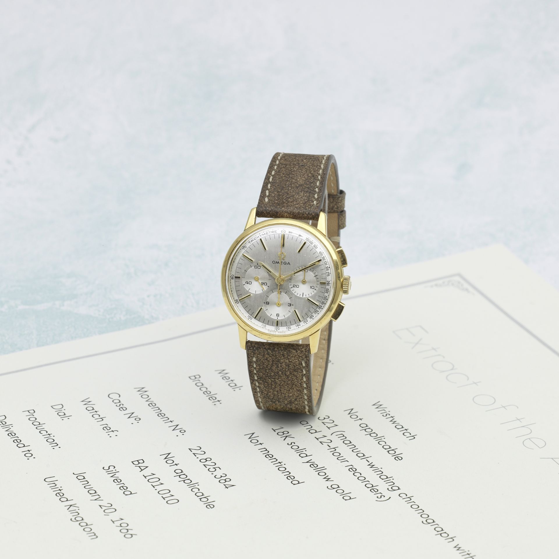 Omega. An 18K gold manual wind chronograph wristwatch Ref: BA 101.010, Manufactured 20th January ...