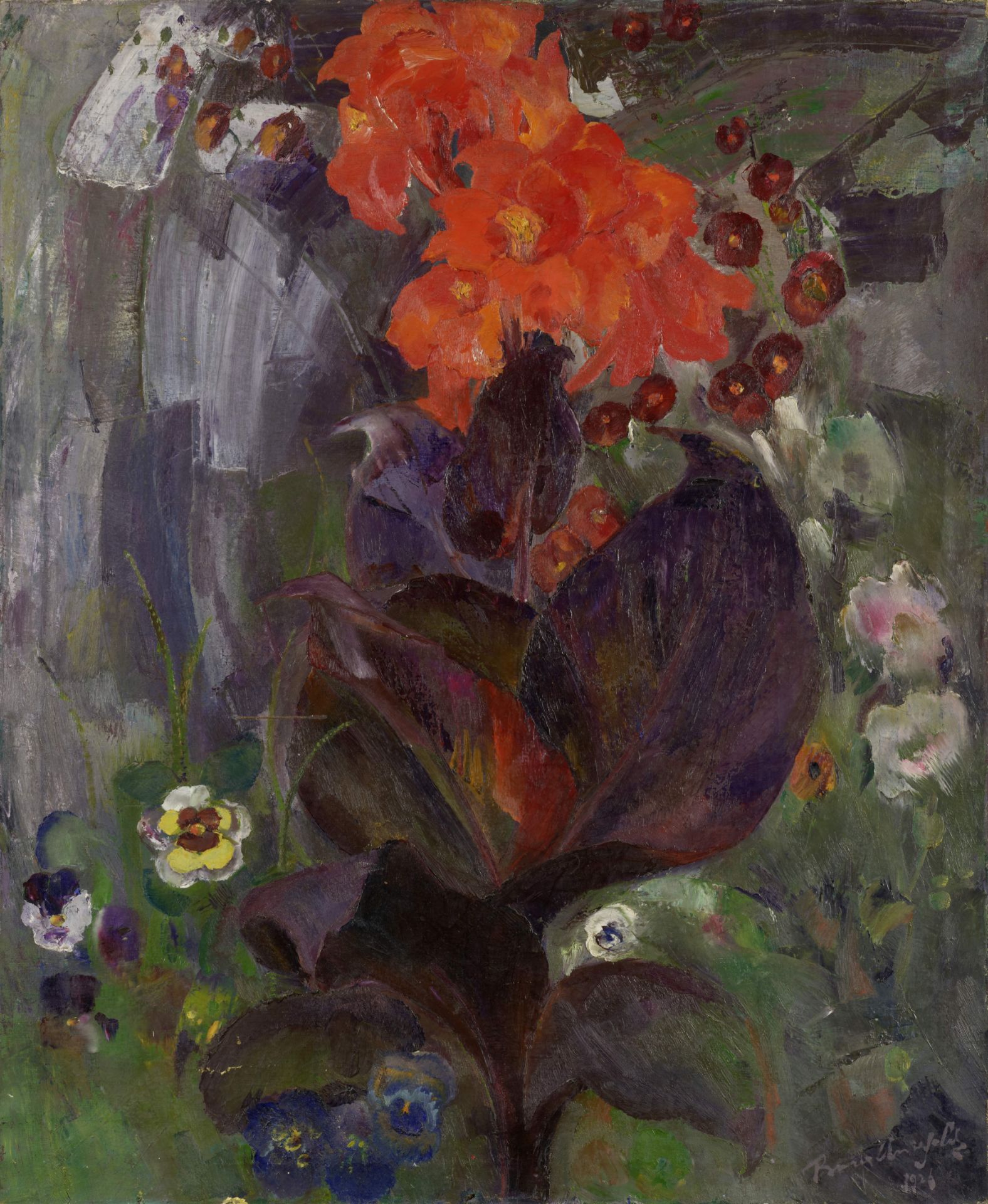 Boris Izrailevich Anisfeld (Russian, 1879-1973) Black Knight canna lily with pansies