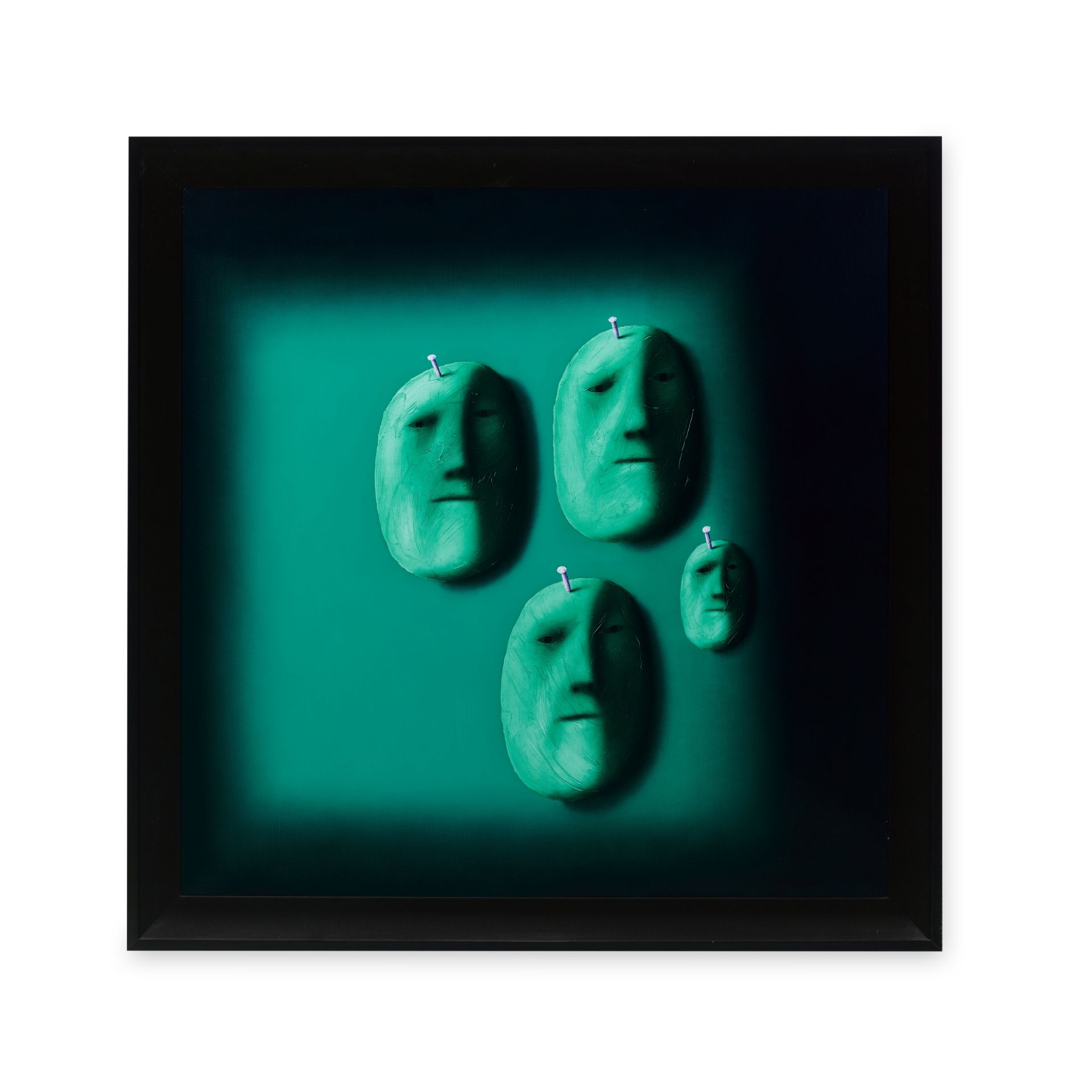 Oleg Tselkov (Russian, born 1934) Four masks in green 103.5 x 103.5cm (40 3/4 x 40 3/4 in).