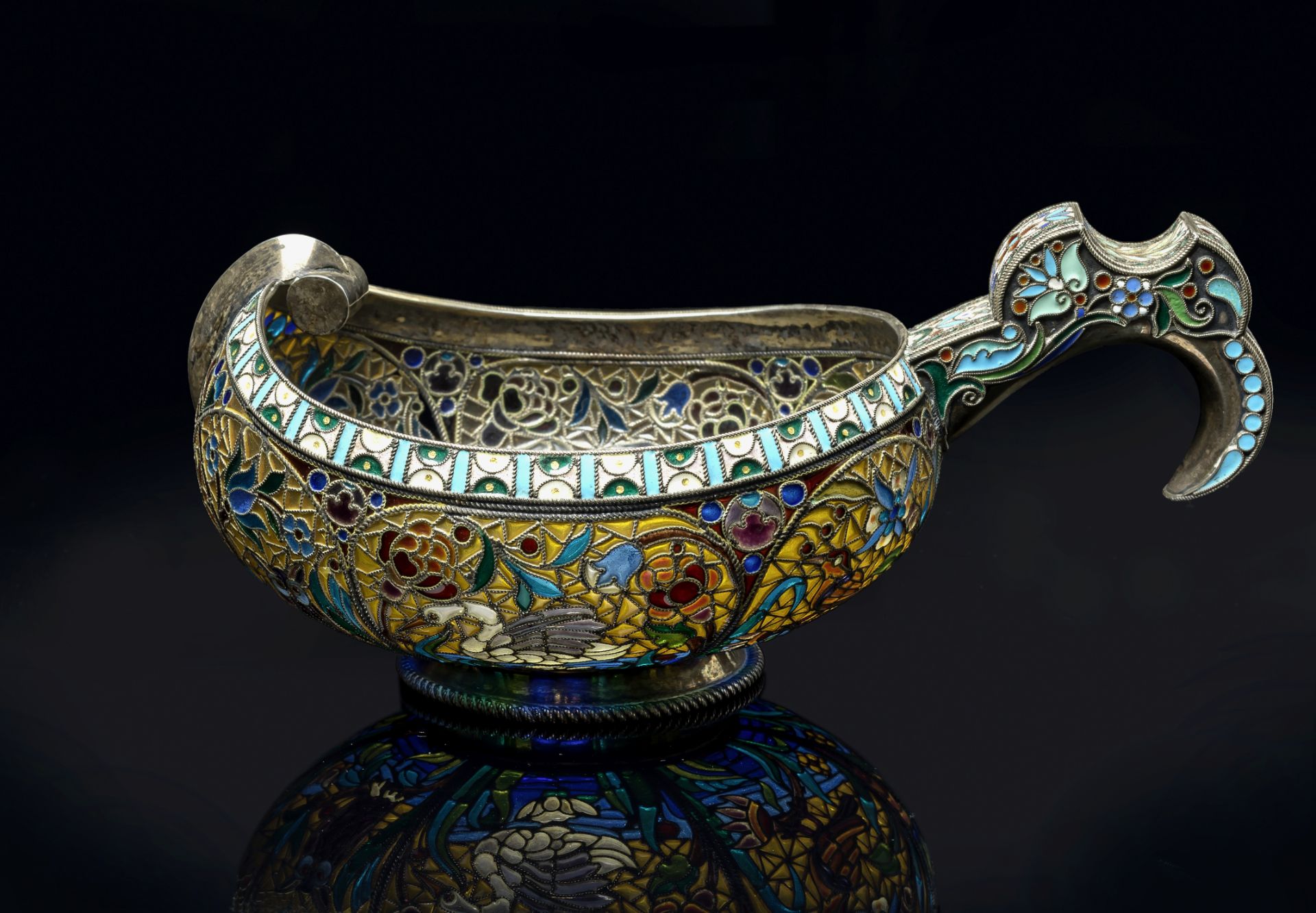 A Silver-gilt Plique-&#224;-jour and Cloisonn&#233; Enamel Kovsh Pavel Ovchinnikov, Moscow, 1899-...