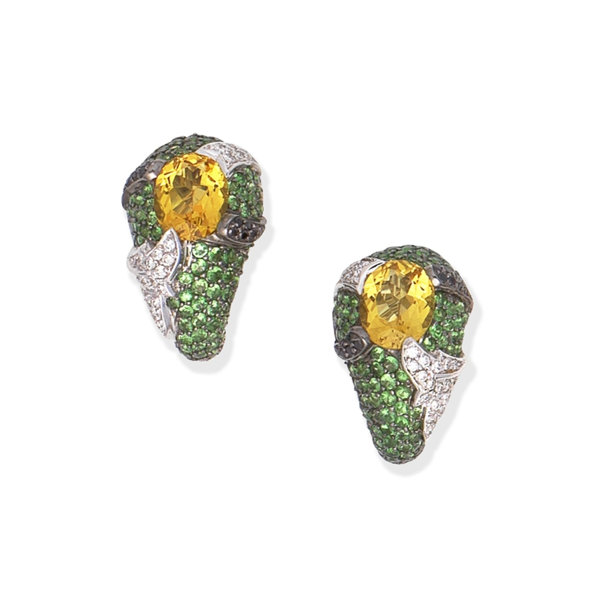 YELLOW BERYL, TSAVORITE GARNET AND DIAMOND EARRINGS