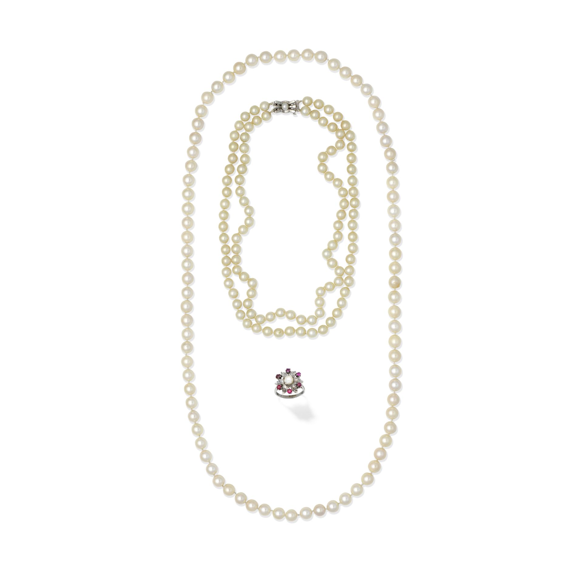 TWO CULTURED PEARL NECKLACES AND A CULTURED PEARL AND RUBY RING (3)