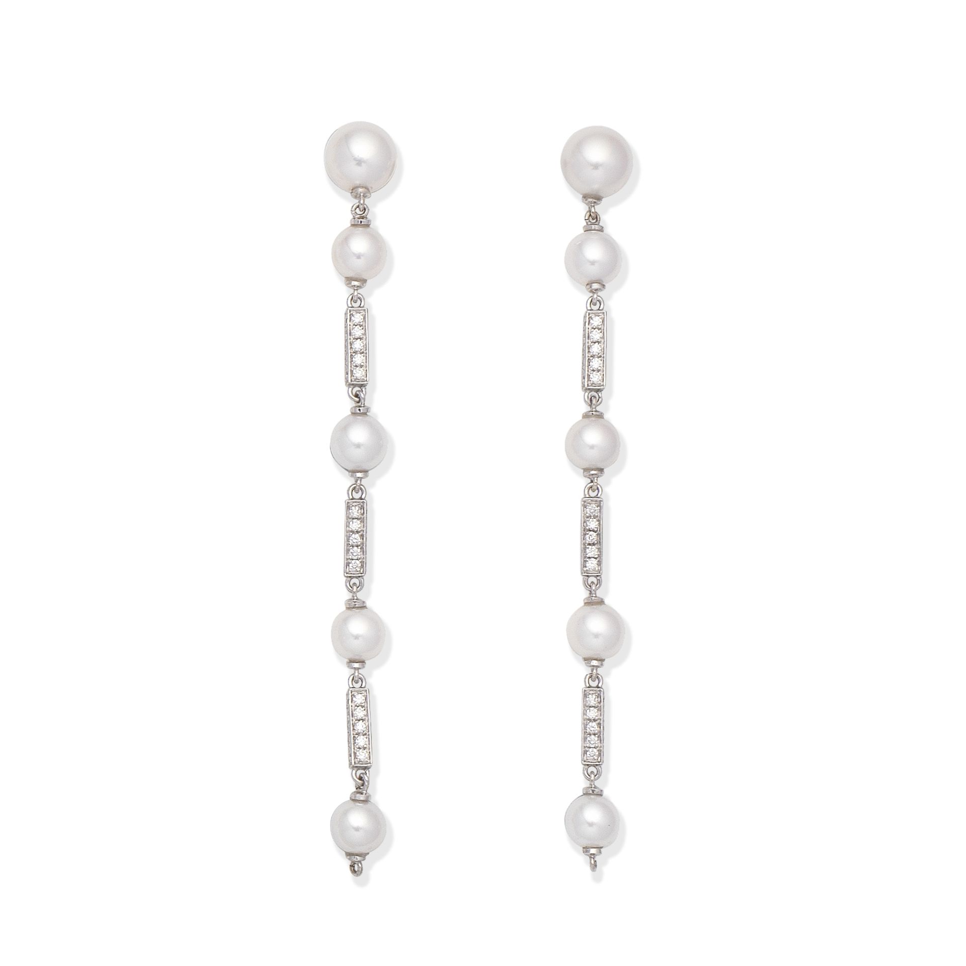 CULTURED PEARL AND DIAMOND PENDENT EARRINGS