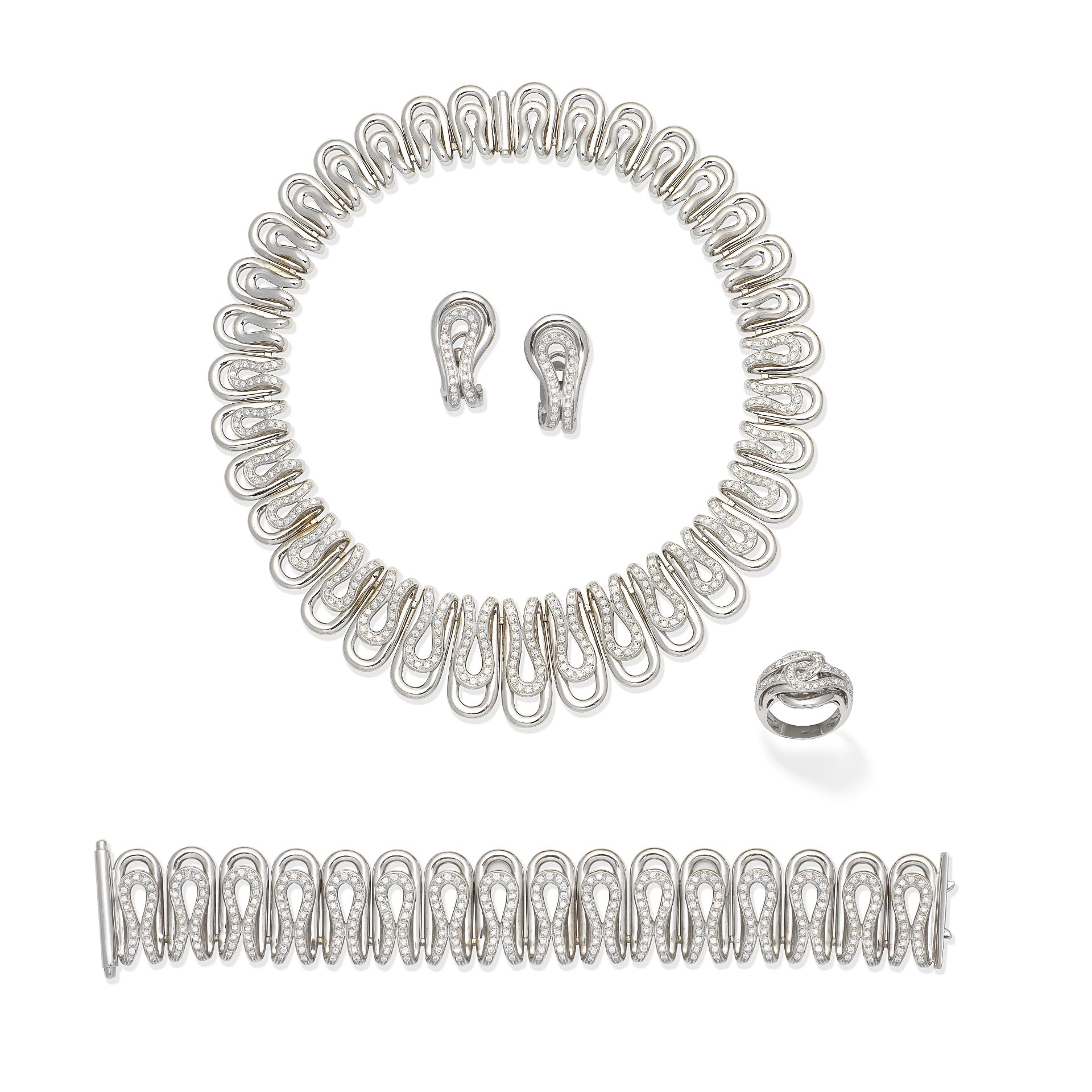 DIAMOND-SET NECKLACE, BRACELET, EARRING AND RING SUITE (4)