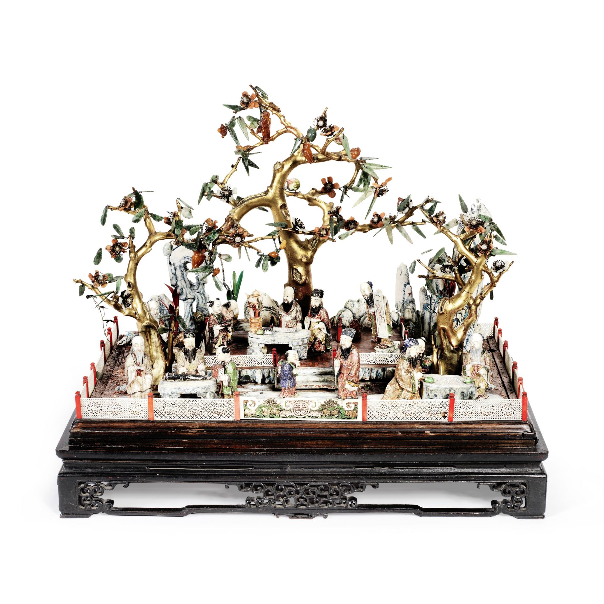 A fine late 18th / early 19th century Chinese export carved ivory and hardstone diorama of figure...
