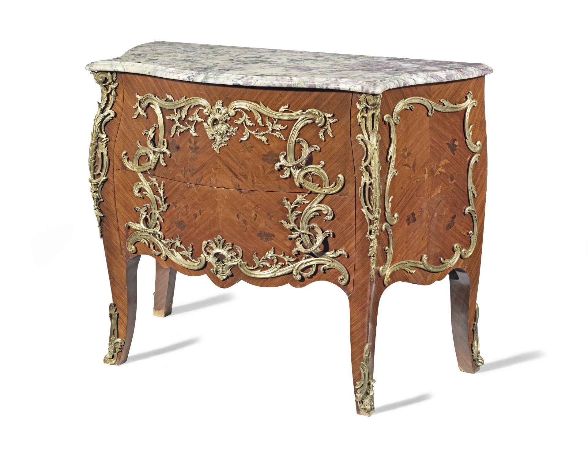 A French late 19th century ormolu mounted kingwood, bois satine and 'bois de bout' (end-cut) marq...