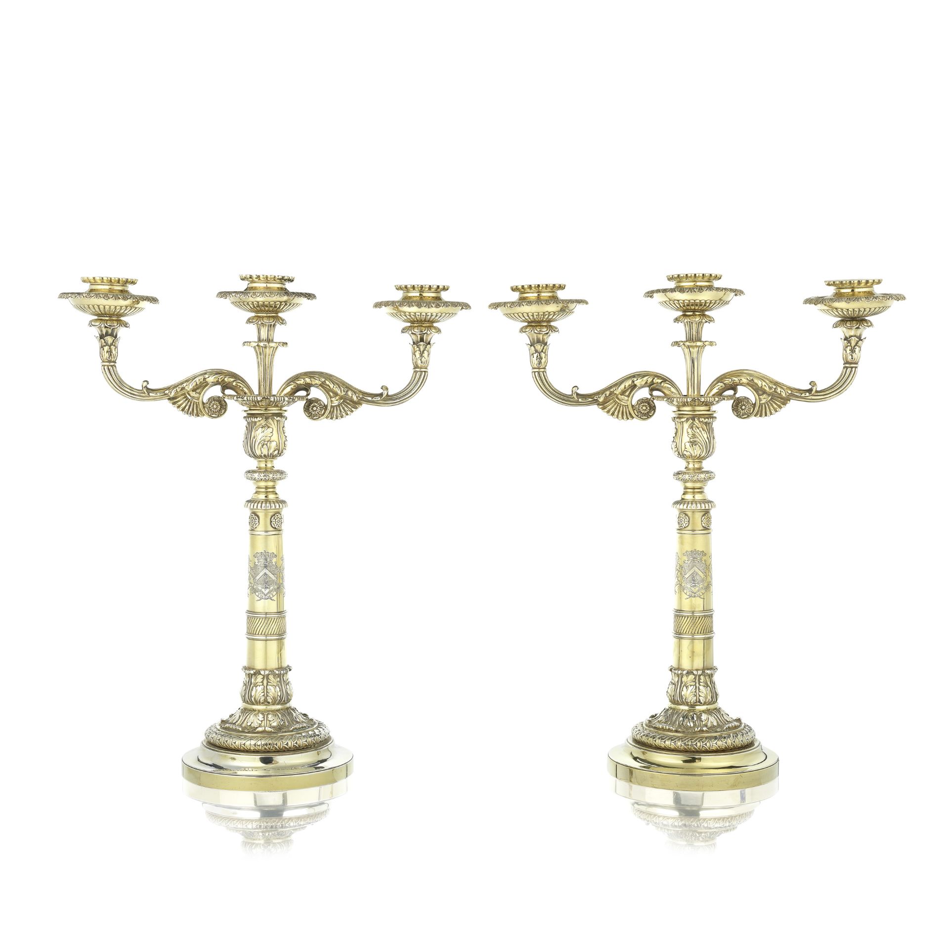 A pair of George III silver-gilt three-light candelabra Paul Storr, London 1814 (2)