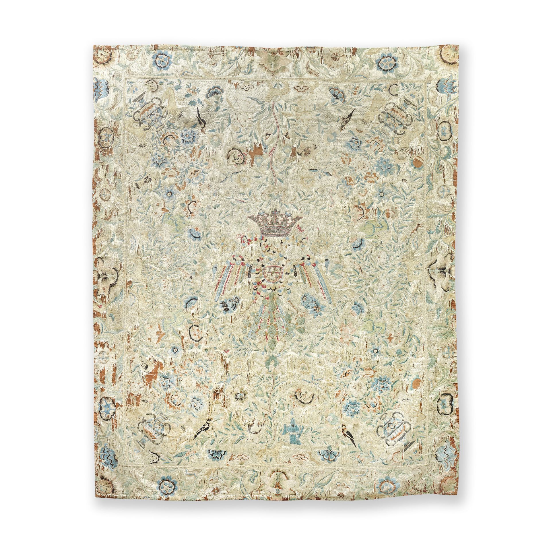Of Royal Interest: An unusual Heraldic Embroidered Coverlet possibly early to mid 18th century, ...