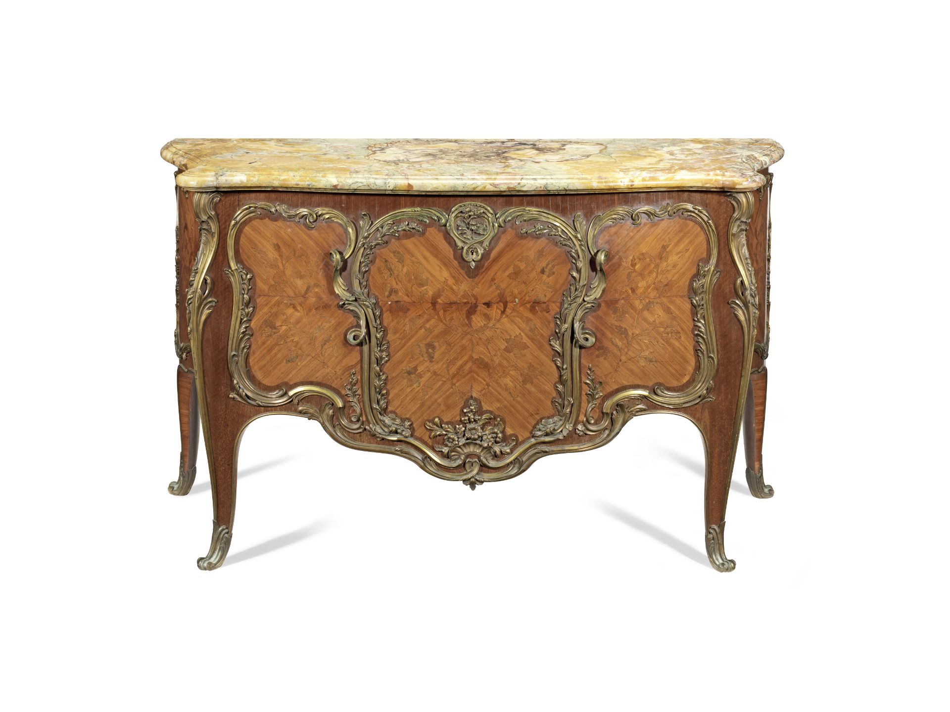 A French late 19th century ormolu mounted tulipwood, amaranth and 'bois de bout' (end-cut) marque...