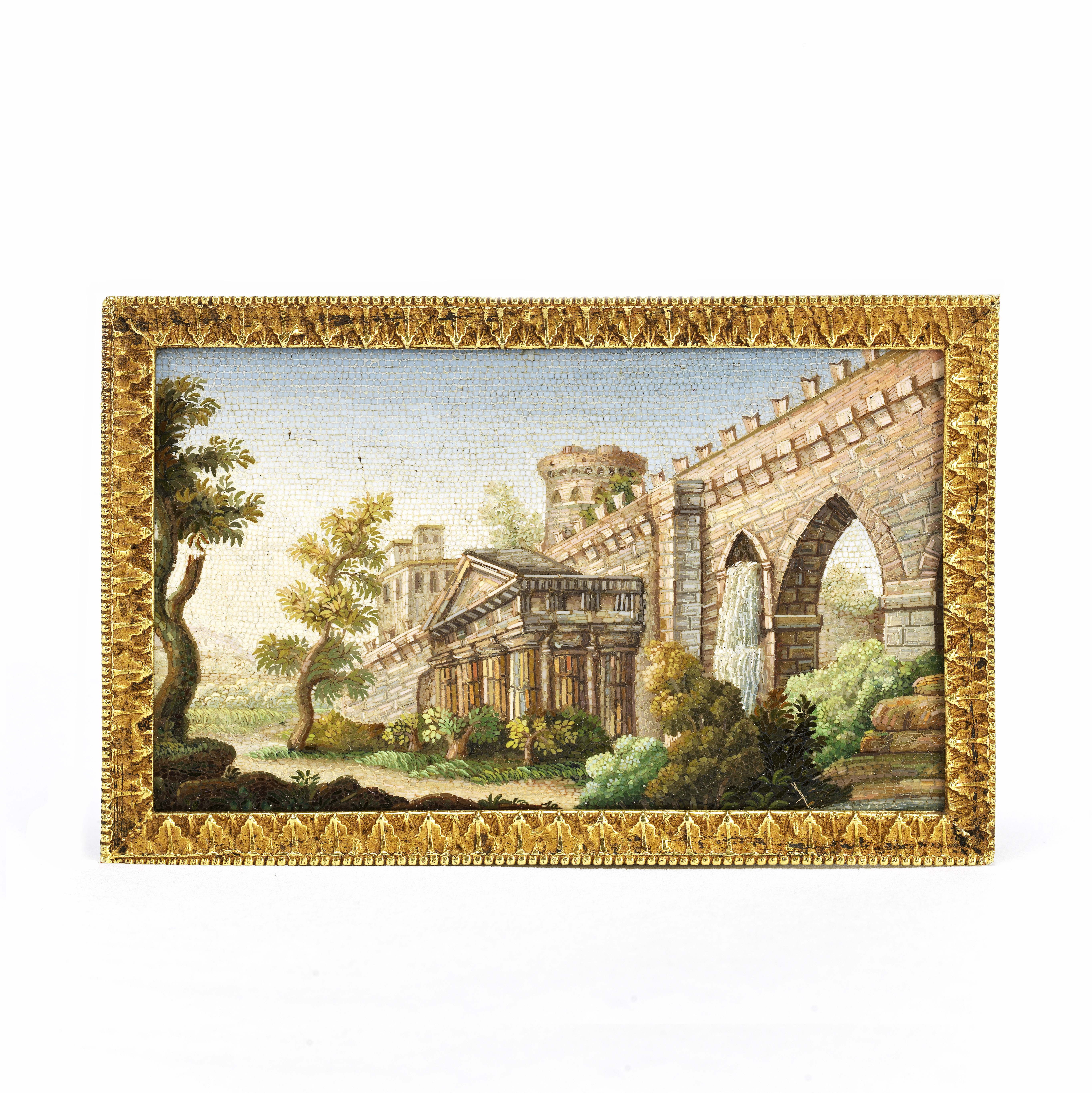 A fine Italian 'Grand Tour' micro mosaic miniature plaque depicting a view of the Roman walls Ro...