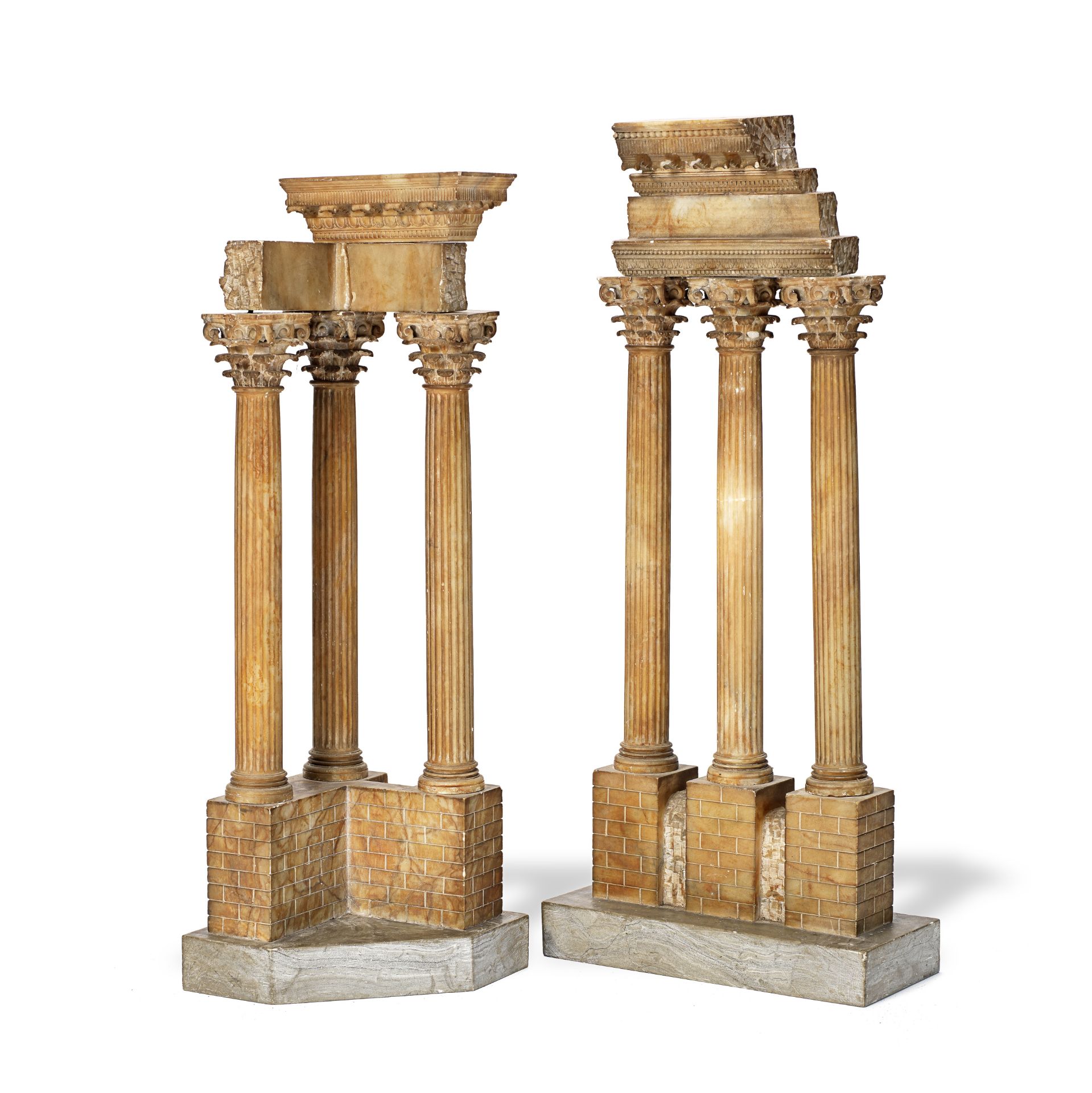 A pair of 19th Century Italian 'Grand Tour' carved alabaster temples of Vespasianus and Castor an...