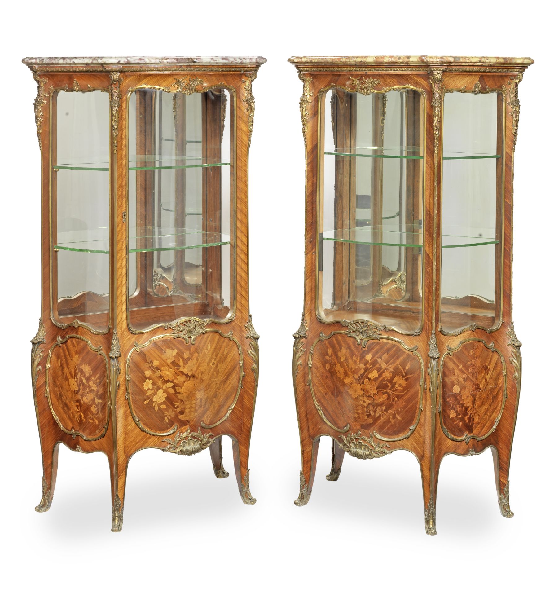 A pair of French late 19th century ormolu mounted kingwood, bois satine and marquetry bombe serpe...