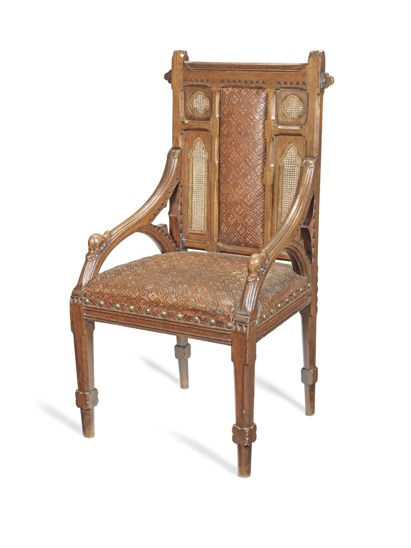 A mid Victorian 'Geometric gothic' carved solid oak chair after an 1862 design by John Pollard Se...