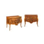 A pair of German third quarter 18th century walnut, ebonised, fruitwood marquetry and parquetry s...