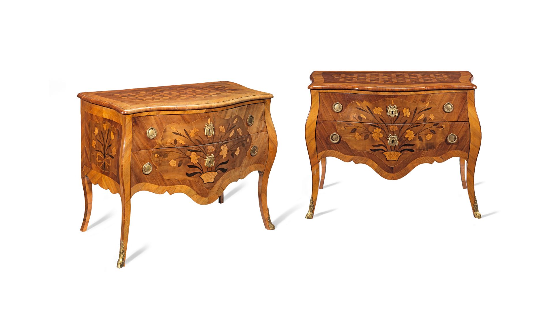 A pair of German third quarter 18th century walnut, ebonised, fruitwood marquetry and parquetry s...