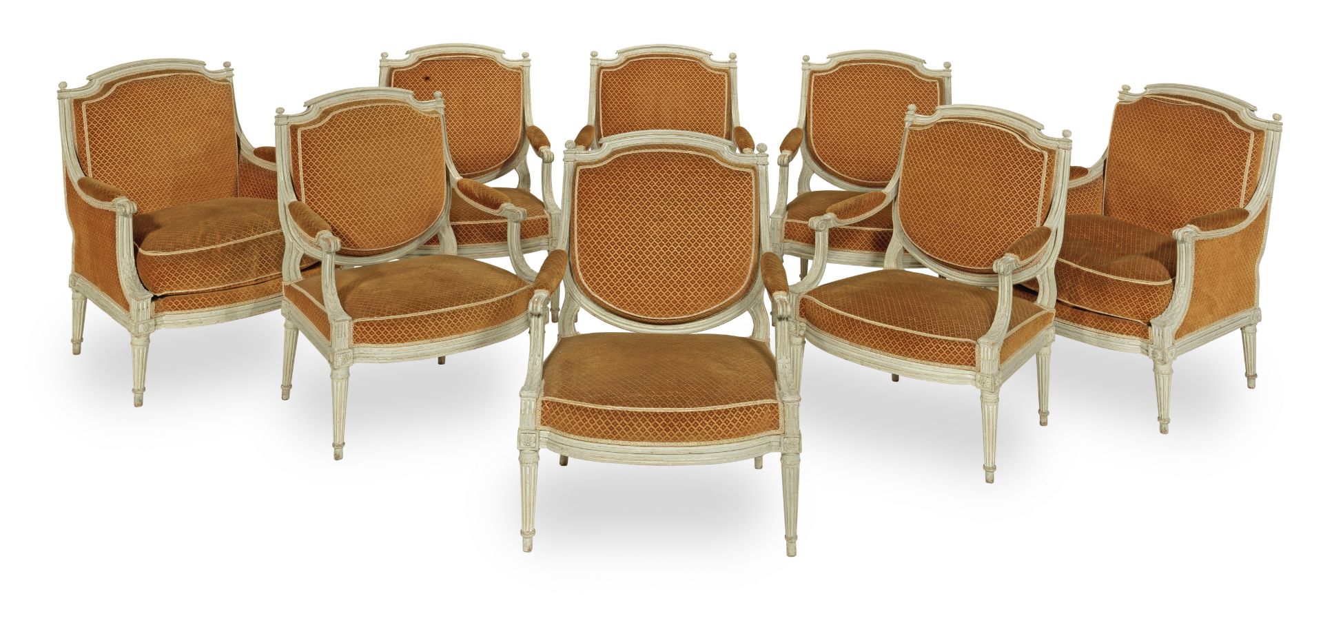 A Louis XVI suite of painted beech salon seat furniture comprising six fauteuils a la Reine and a...