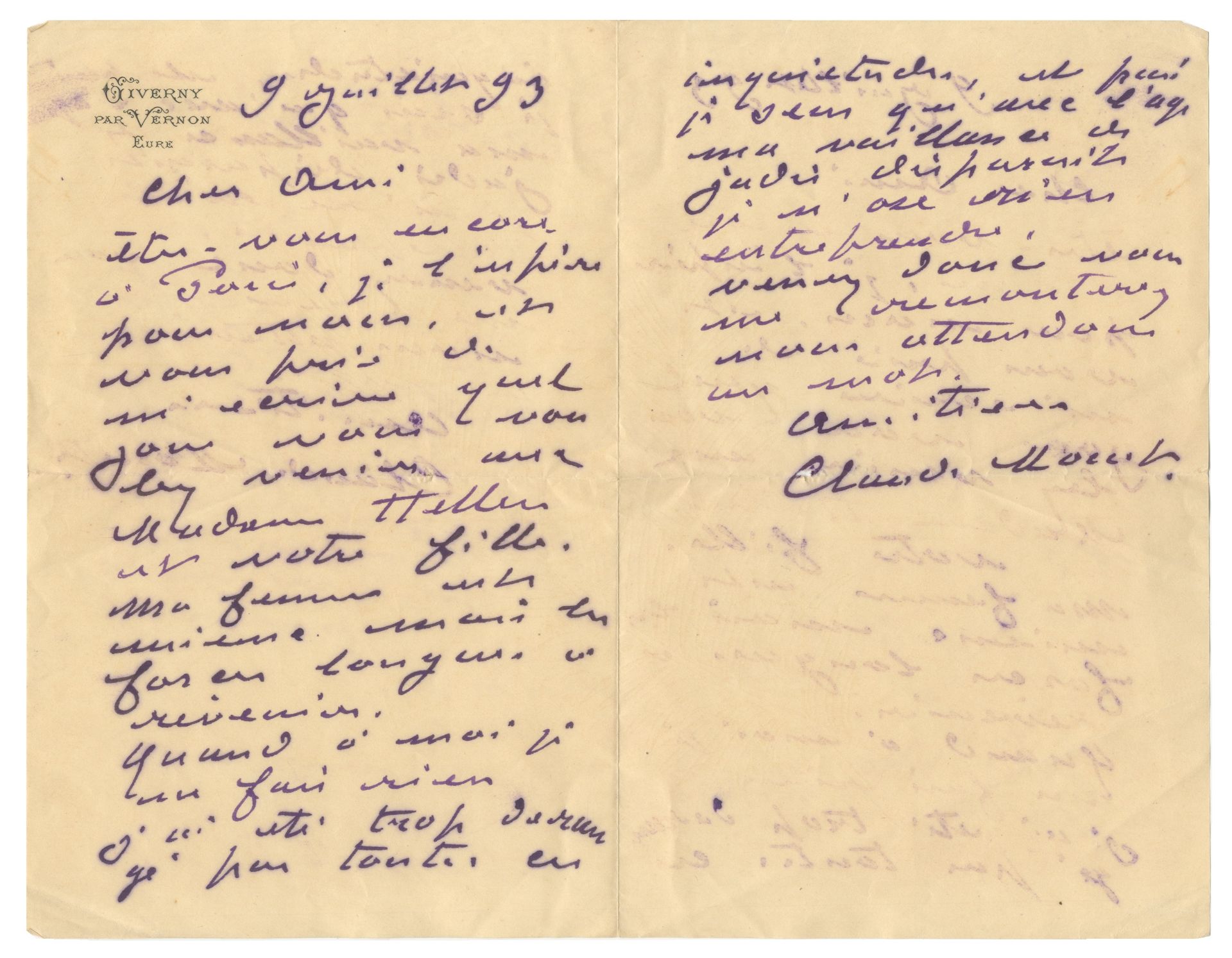 MONET (CLAUDE) Autograph letter signed ('Claude Monet') to 'Cher Ami' [Paul C&#233;sar Helleu], i...