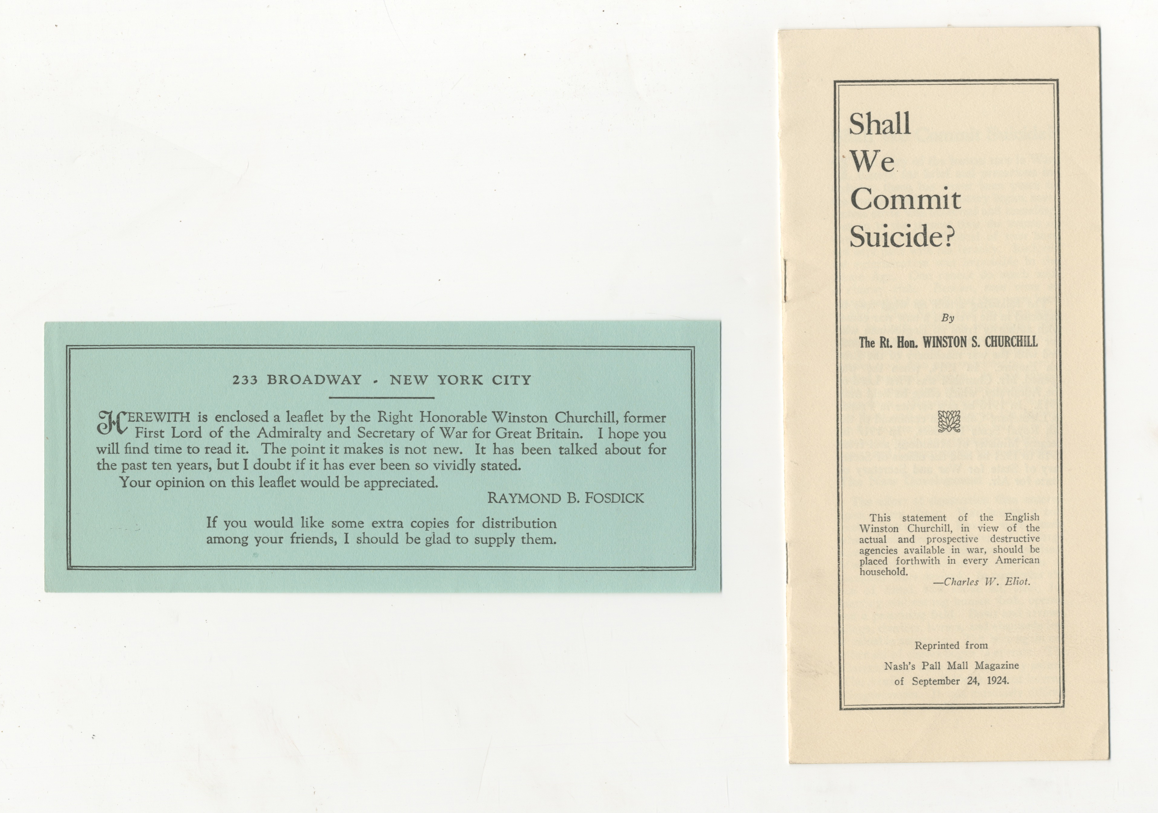 CHURCHILL (WINSTON) Shall We Commit Suicide?, Reprinted from Nash's Pall Mall Magazine of Septemb...