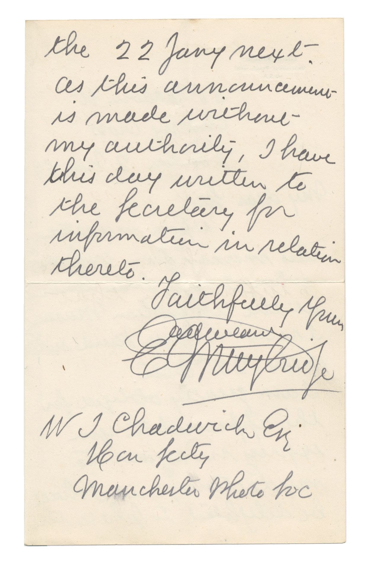 PHOTOGRAPHY MUYBRIDGE (EADWEARD) Autograph letter signed ('Eadweard Muybridge'), to W.J. Chadwick...