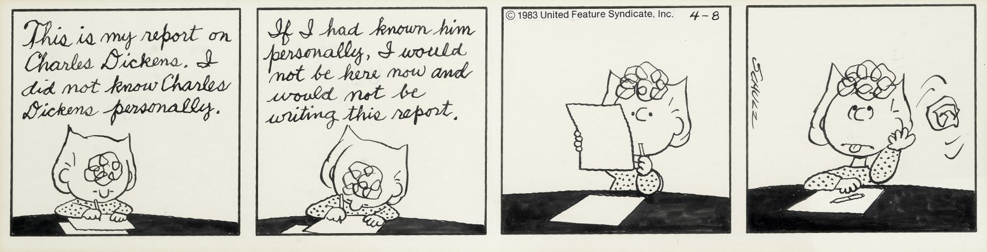 SCHULZ (CHARLES) Original four-panel Peanuts comic strip, featuring Sally Brown writing a report ...