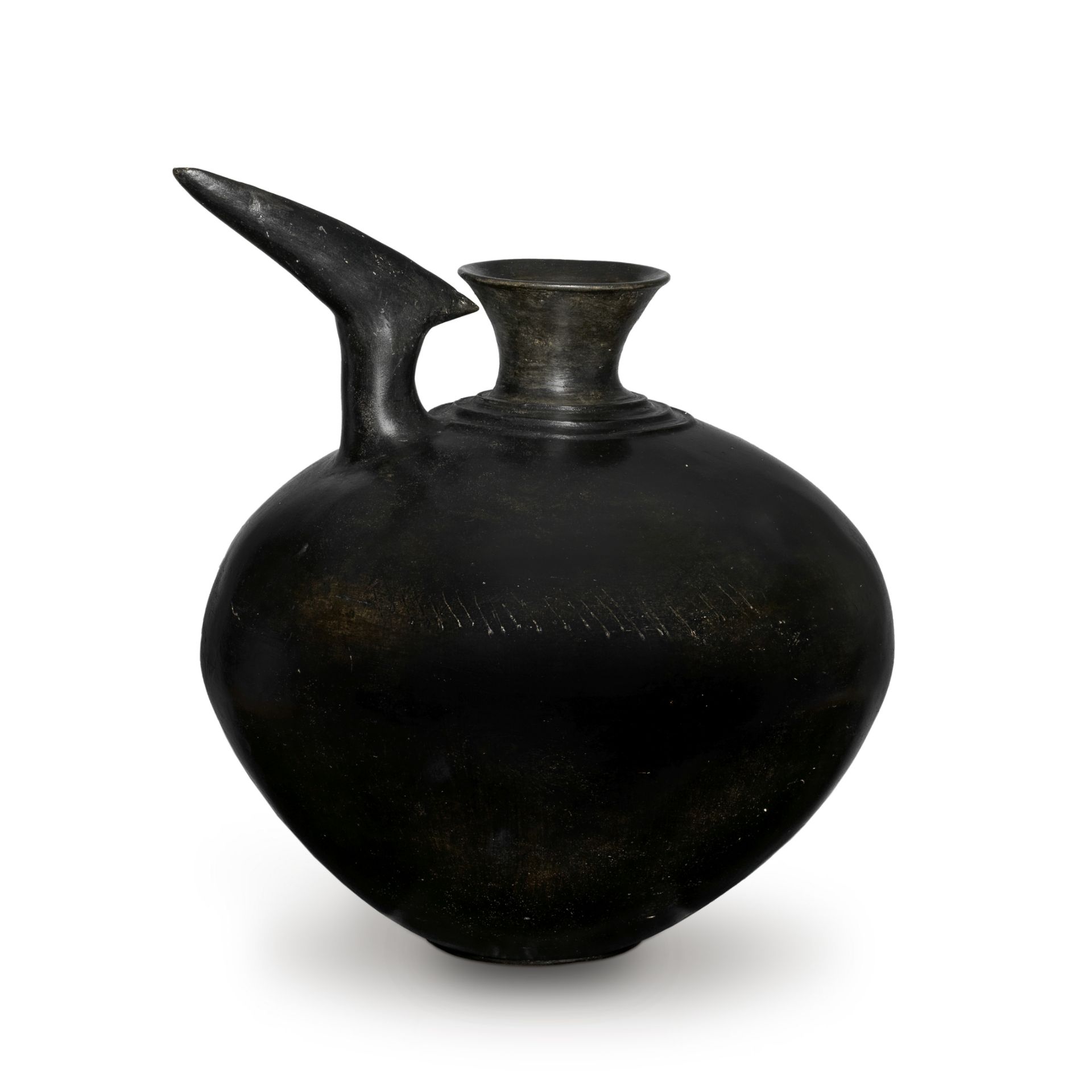 A large Iranian burnished black ware pottery spouted vessel