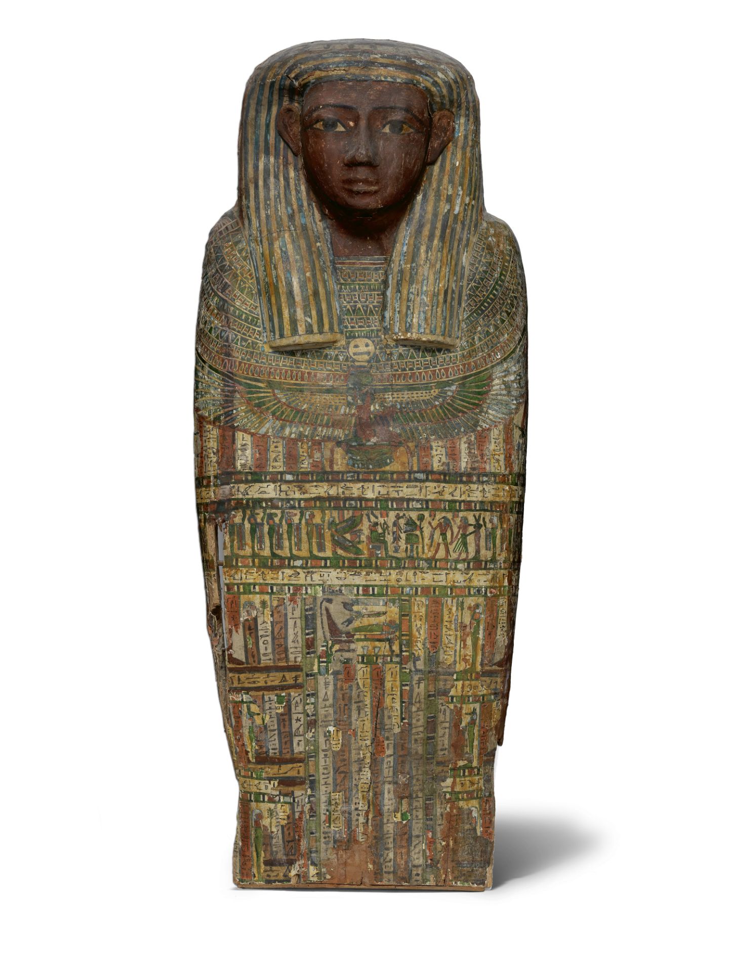 An Egyptian painted wood upper part of an anthropoid coffin lid for Wennefer