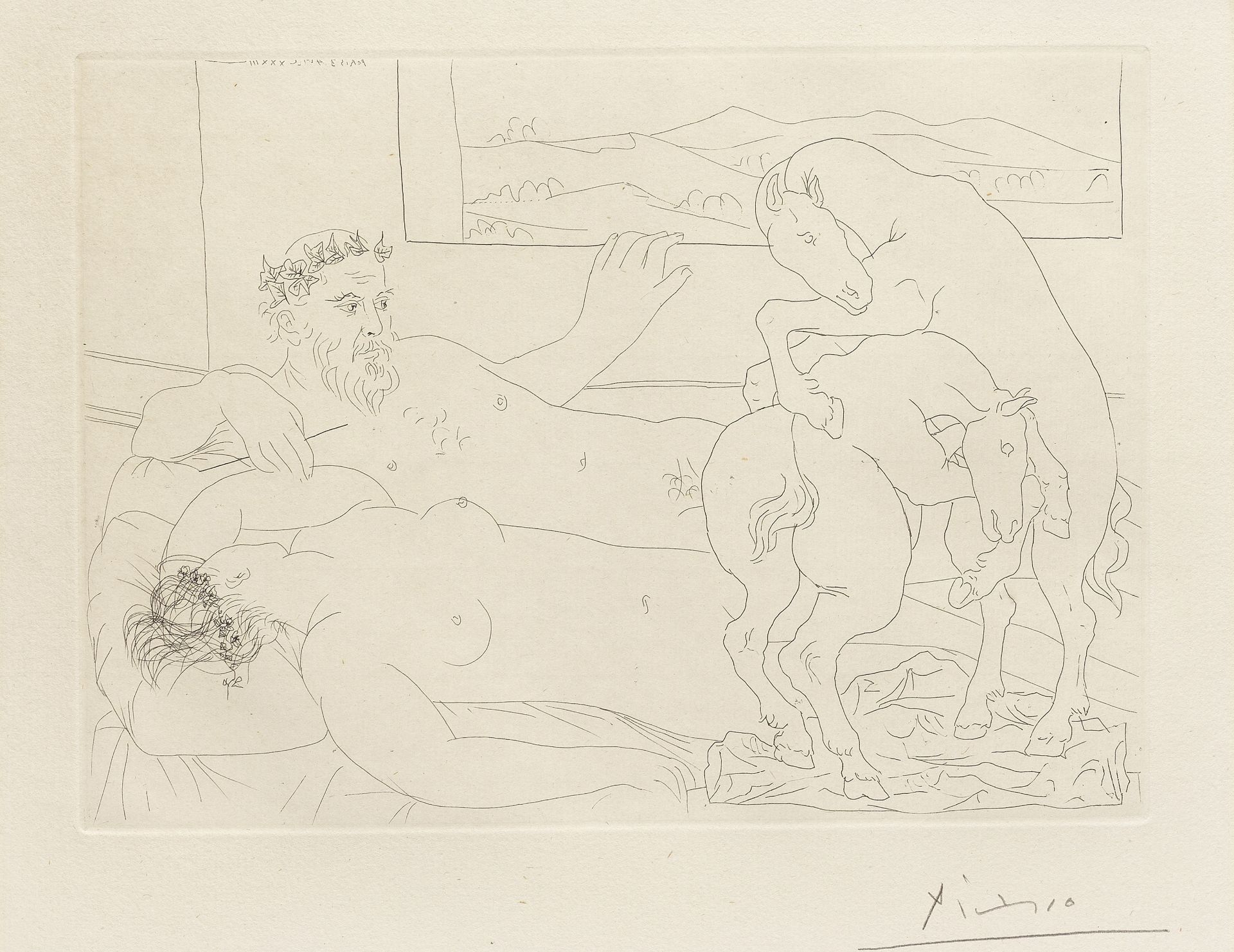 PABLO PICASSO (1881-1973) Le Repos du Sculpteur III, from La Suite Vollard Etching, 1933, on Mont...