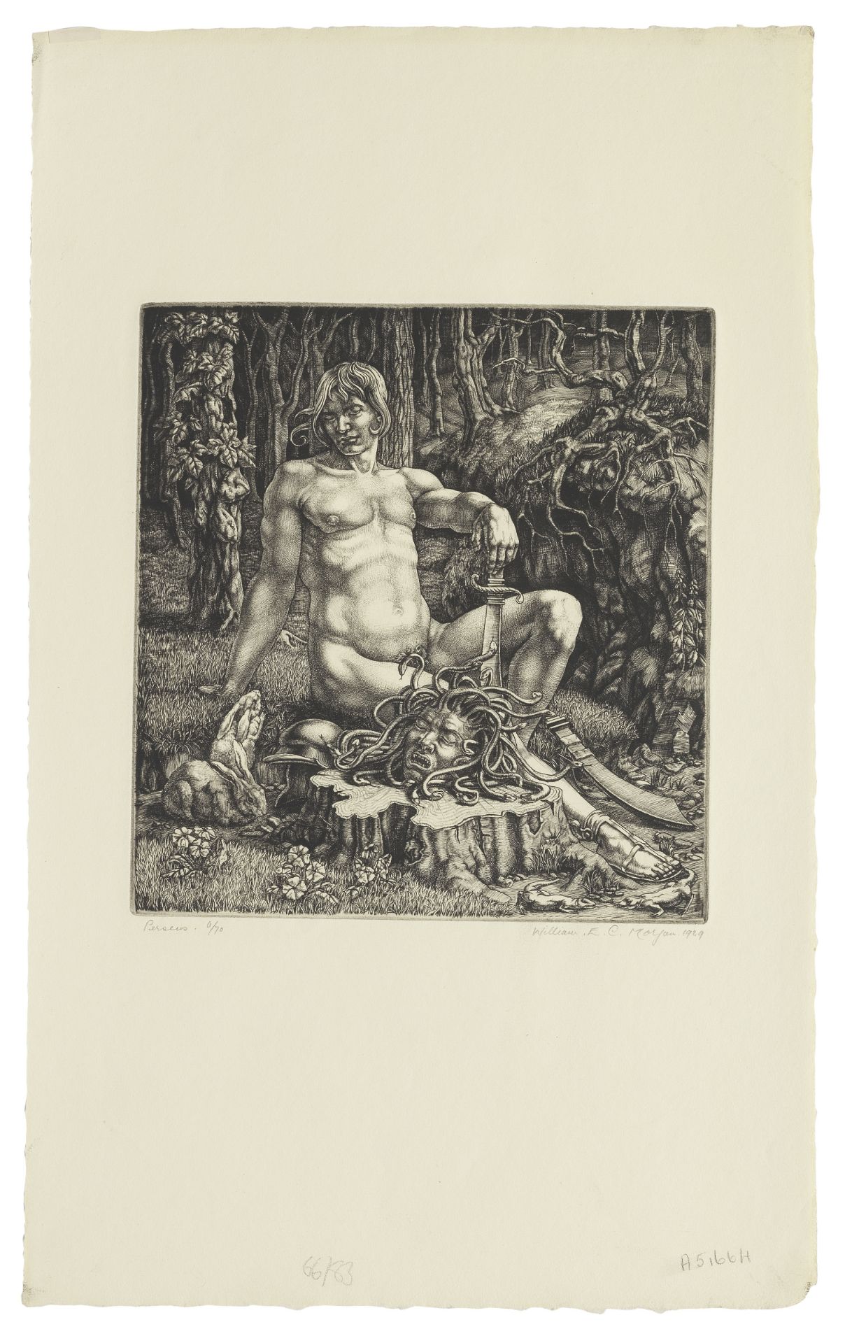 WILLIAM EVAN CHARLES MORGAN (1903-1979) Perseus Engraving, 1929, on cream laid paper, signed, dat...