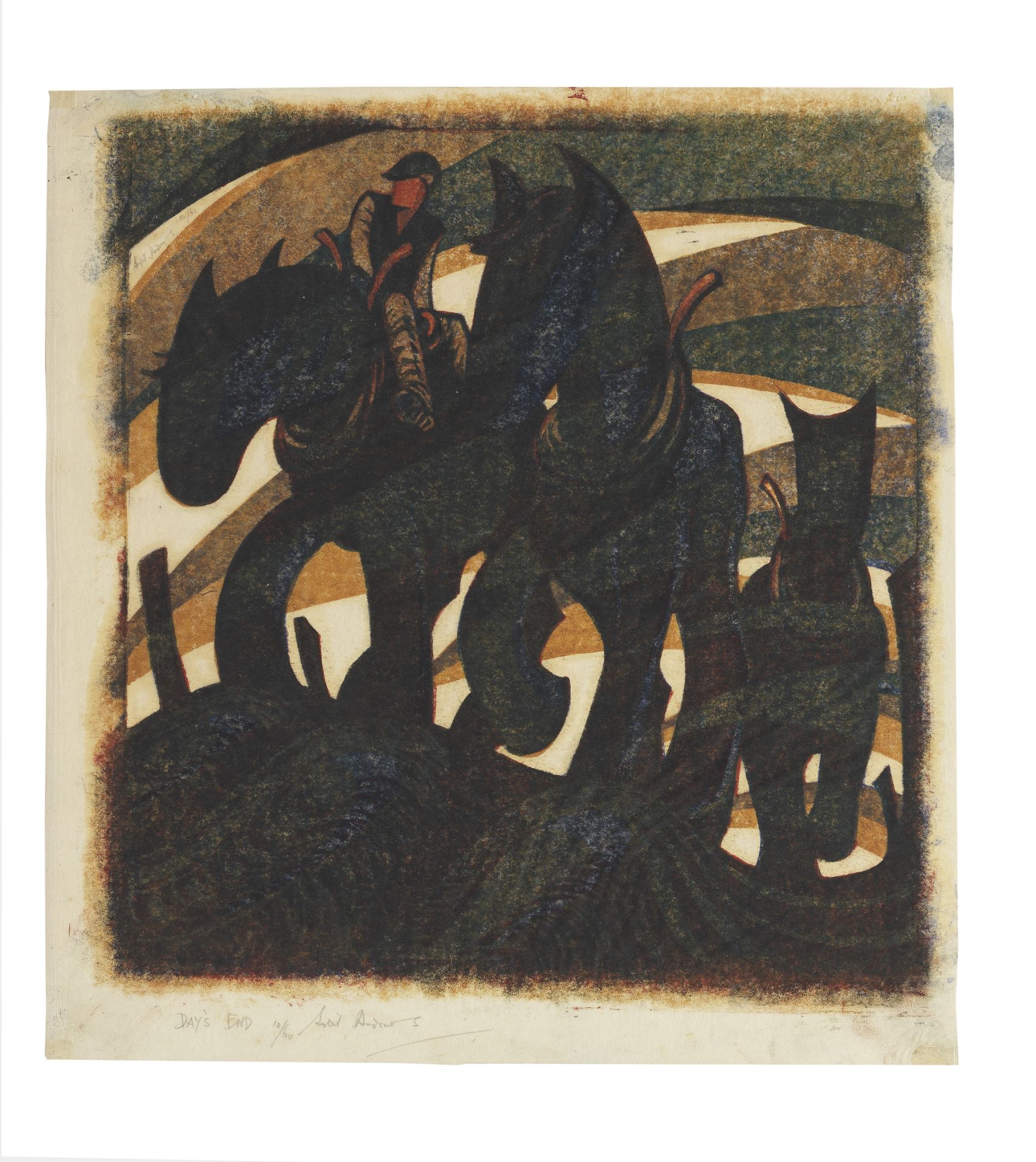 Sybil Andrews CPE (1898-1992) Day's End Linocut printed in raw sienna, crimson, permanent blue, C...