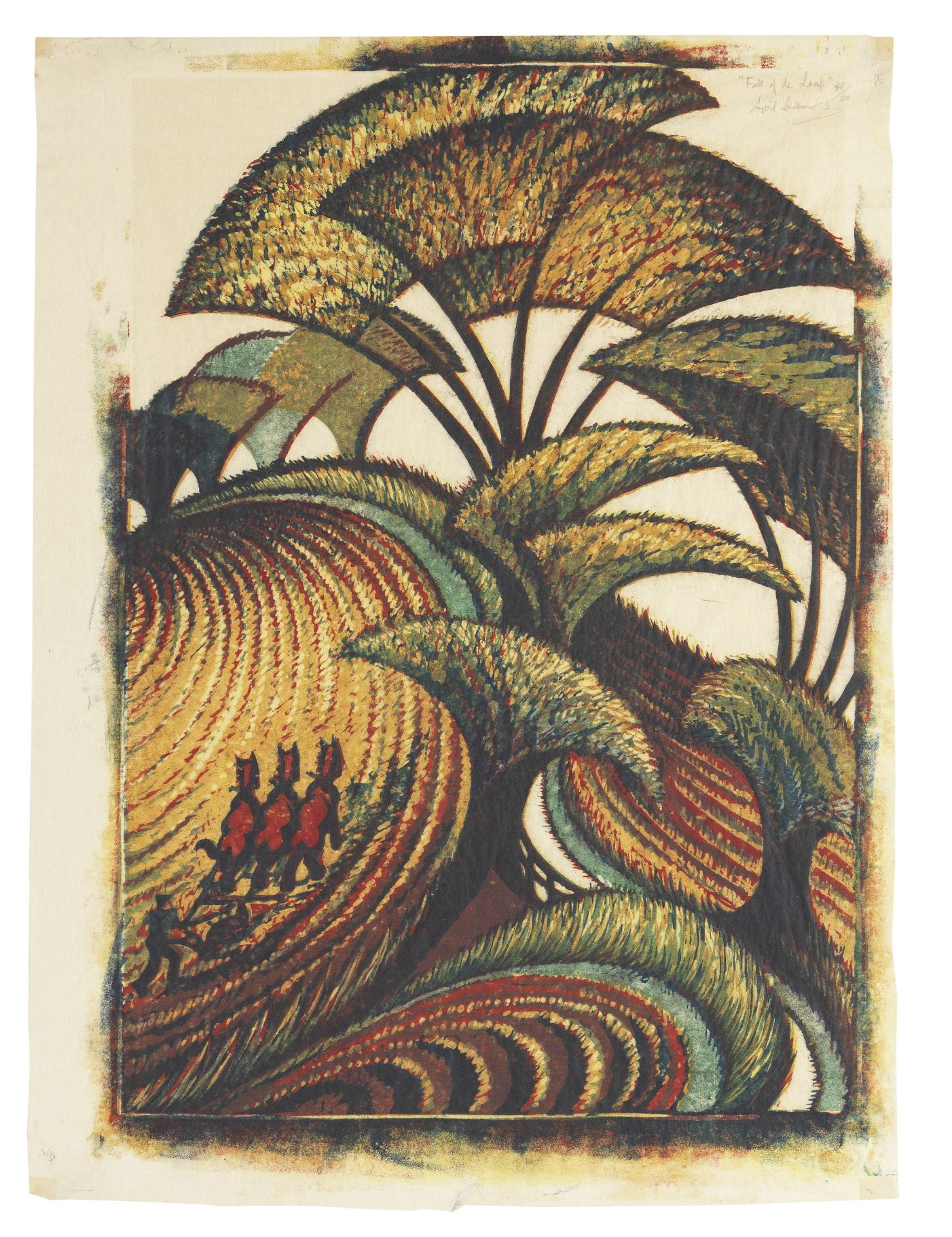 Sybil Andrews CPE (1898-1992) Fall of the Leaf Linocut printed in chrome yellow, transparent gold...