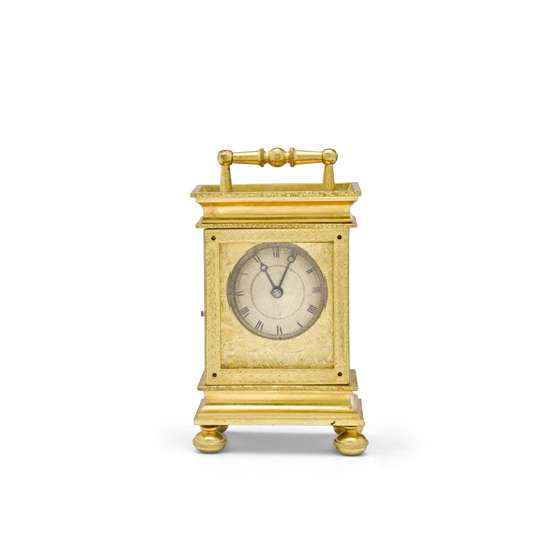 A second quarter of the 19th century engraved gilt brass fusee carriage timepiece Signed Harvey &...