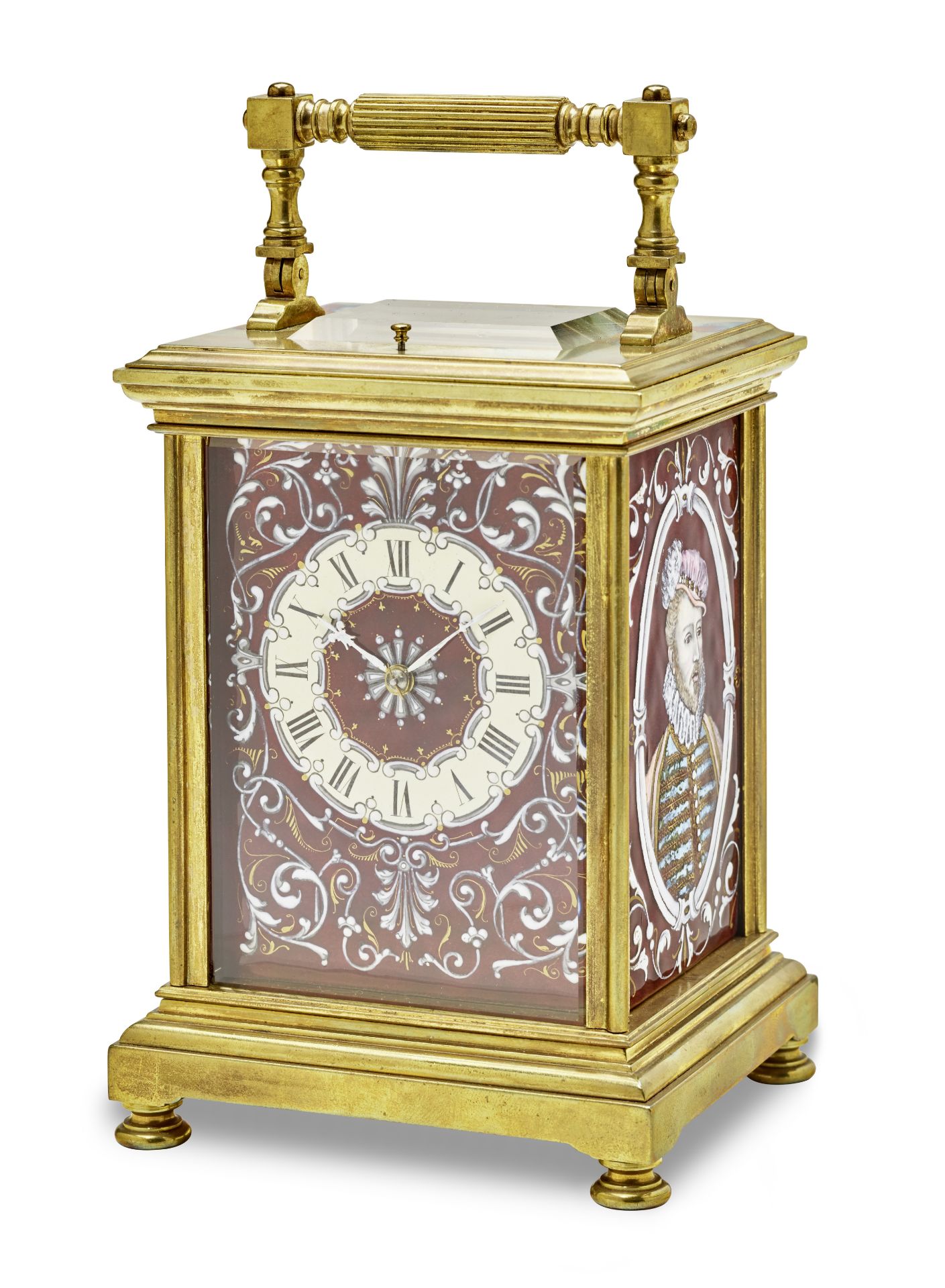 A late 19th century French gilt brass repeating carriage clock with Limoges enamel panels