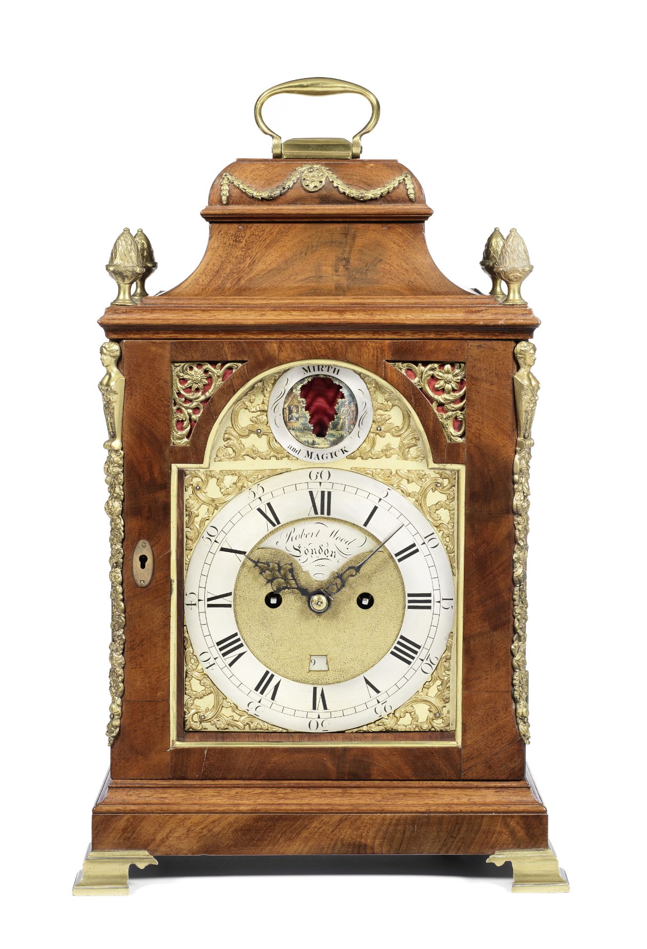 'Mirth and Magick' A mahogany and brass mounted table clock with rare rocking figure in the arch ...