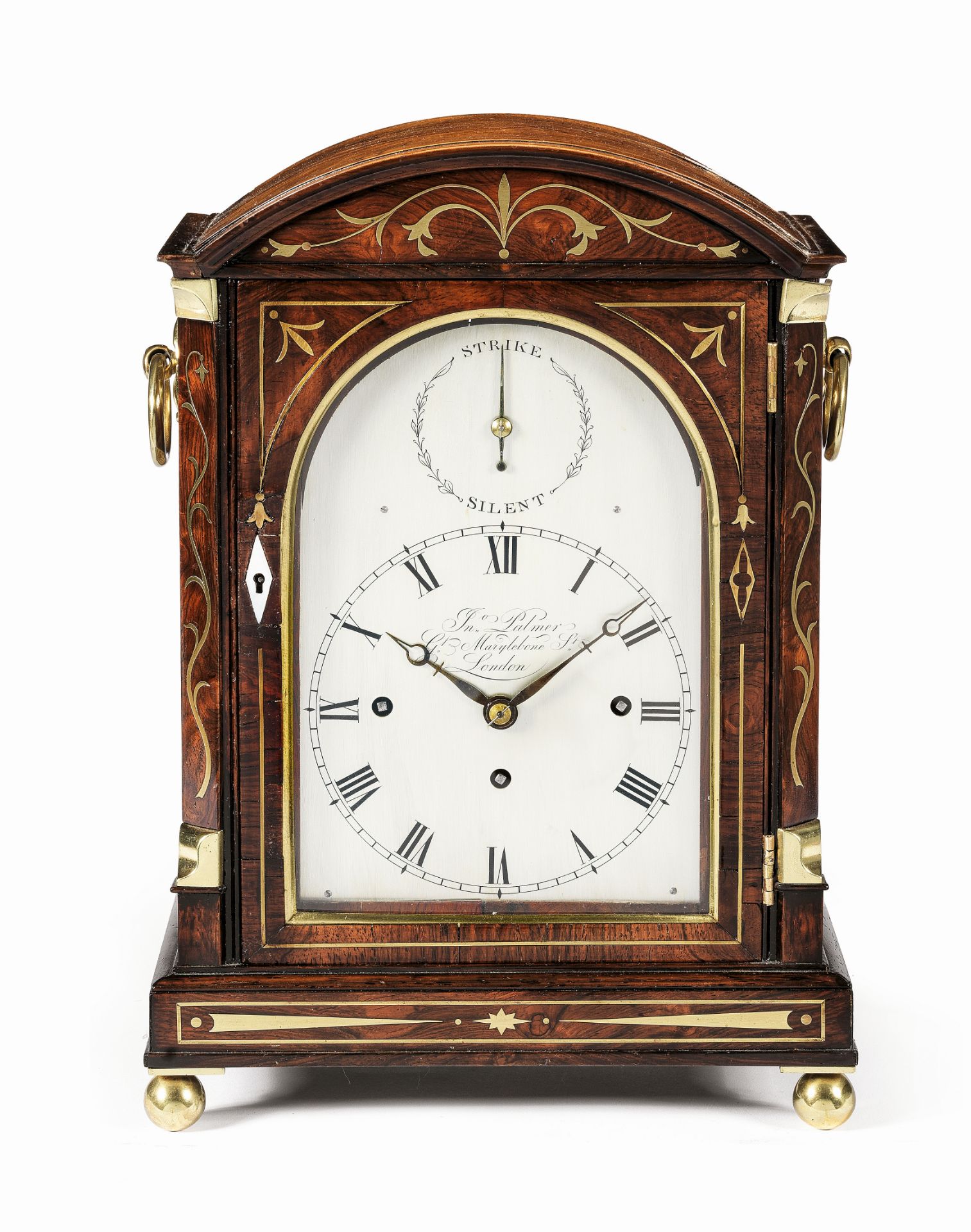 A first half of the 19th century brass inlaid rosewood quarter chiming table clock John Palmer, G...