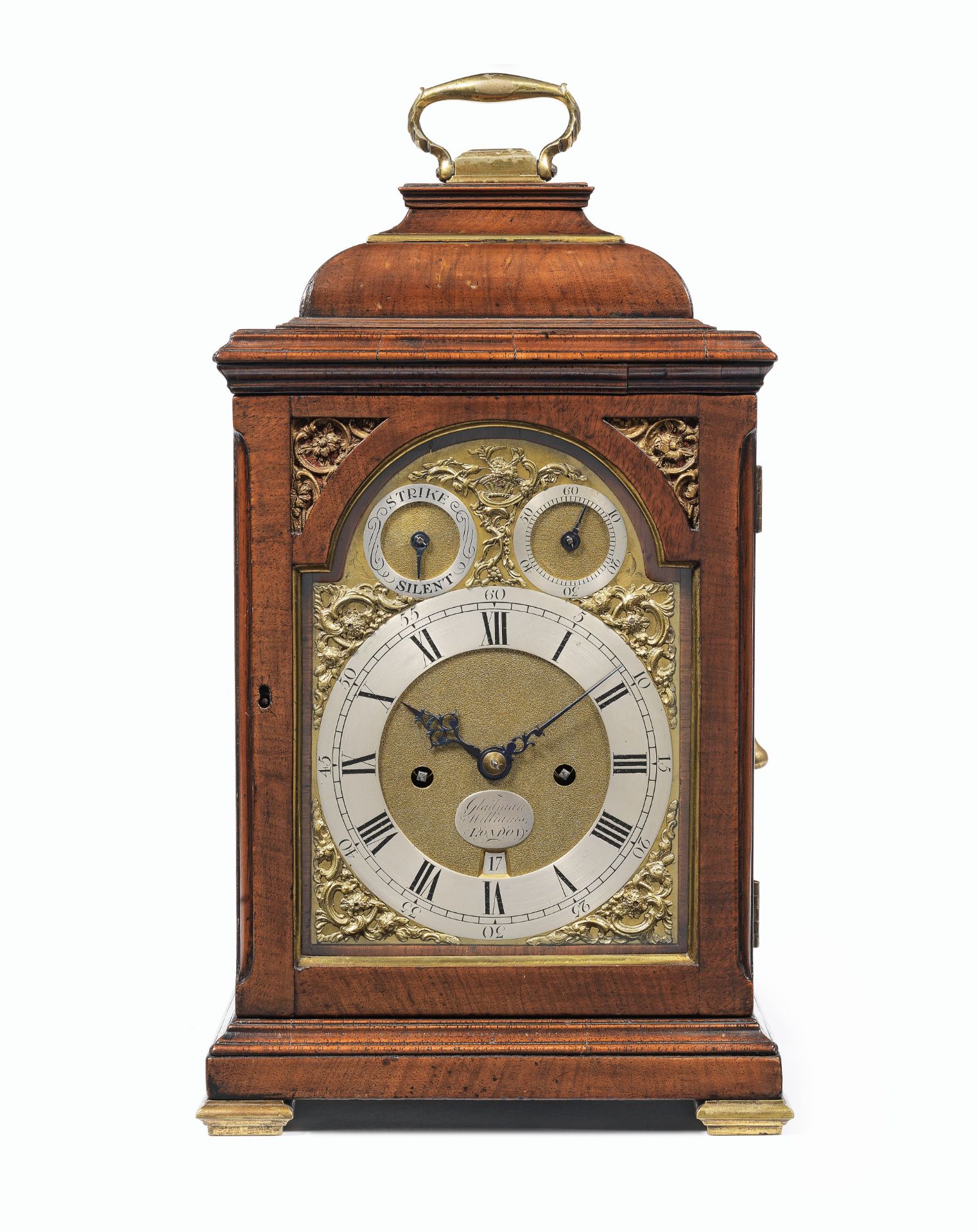 A good 18th century English brass-banded walnut inverted bell top table clock with pull quarter ...
