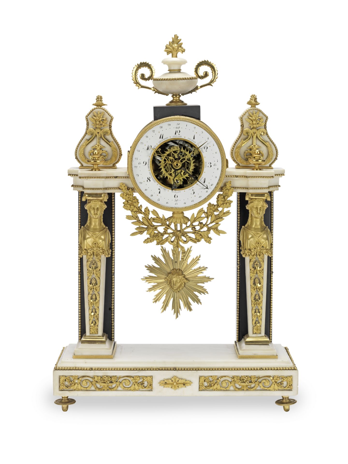 A fine early 19th century Belgian ormolu-mounted marble clock with centre seconds, full annual ca...
