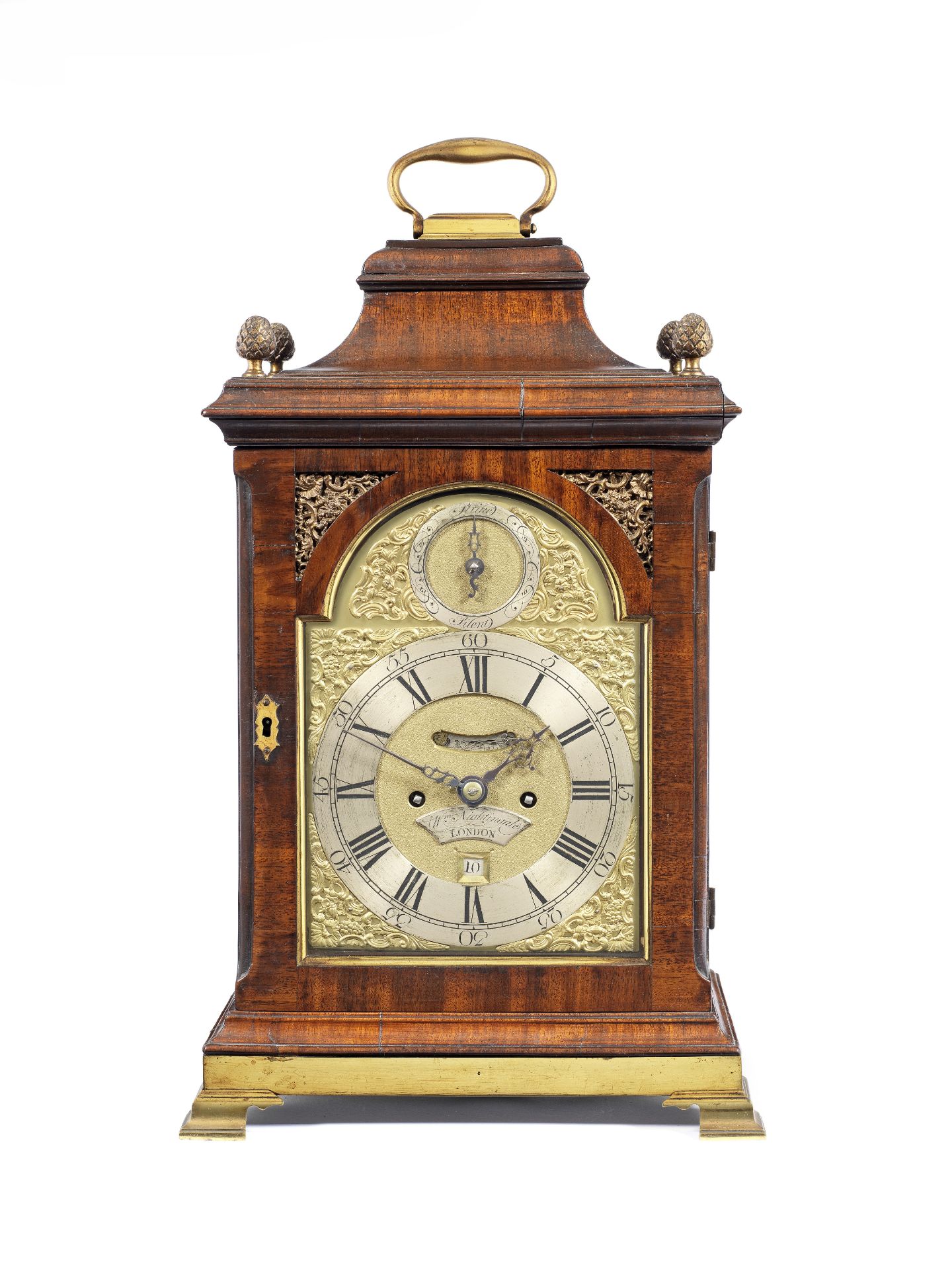 A good mid 18th century brass-banded mahogany quarter-repeating table clock William Nightingale,...