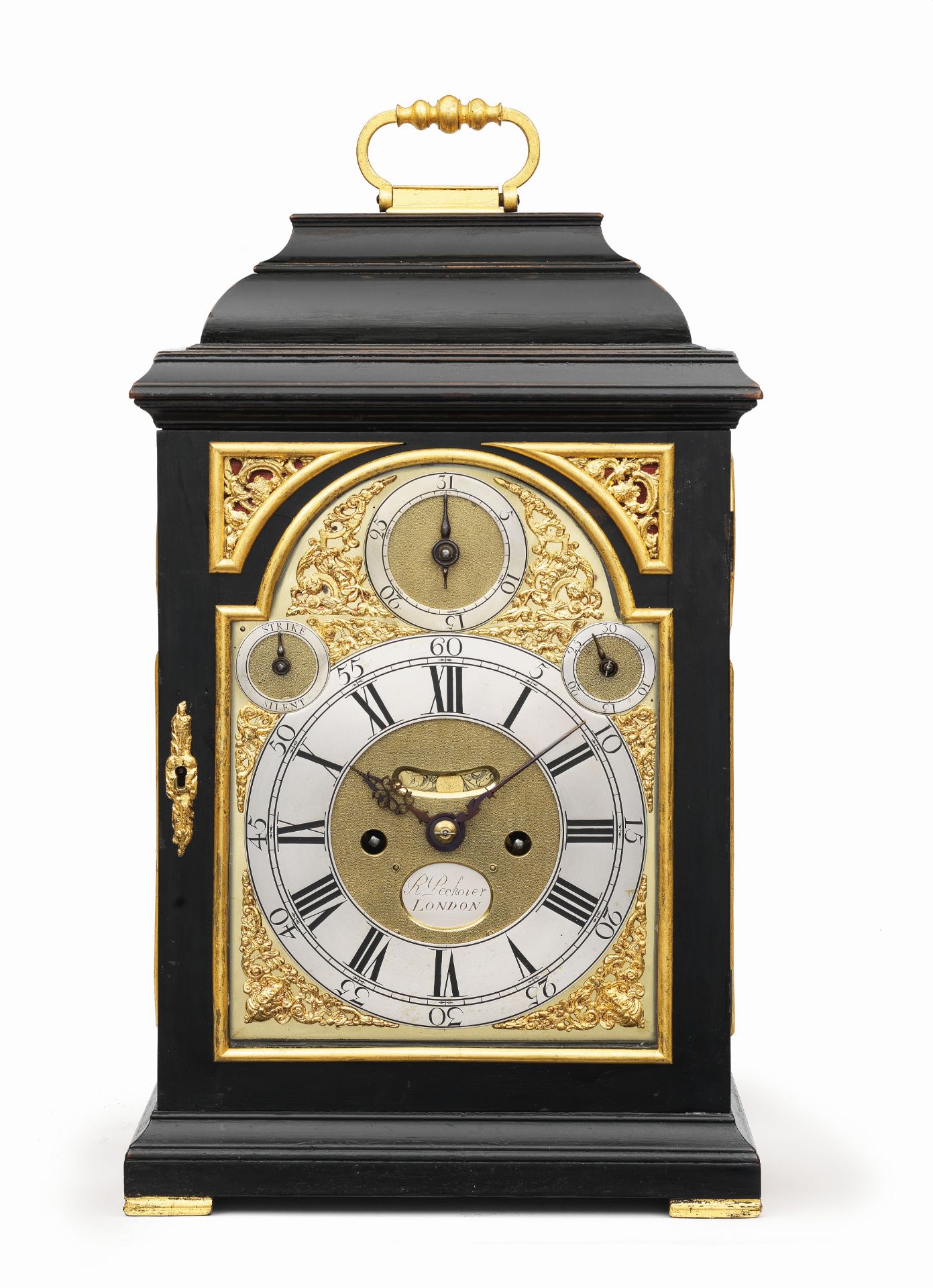 A first half of the 18th century ebonised table clock with pull cord repeat Richard Peckover, Lon...