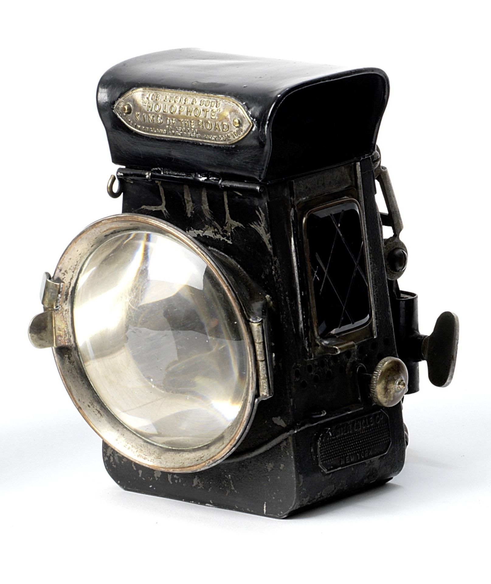 A Lucas 'Holophote' oil illuminated cycle lamp for Premier Cycle Company, New York, patented in U...