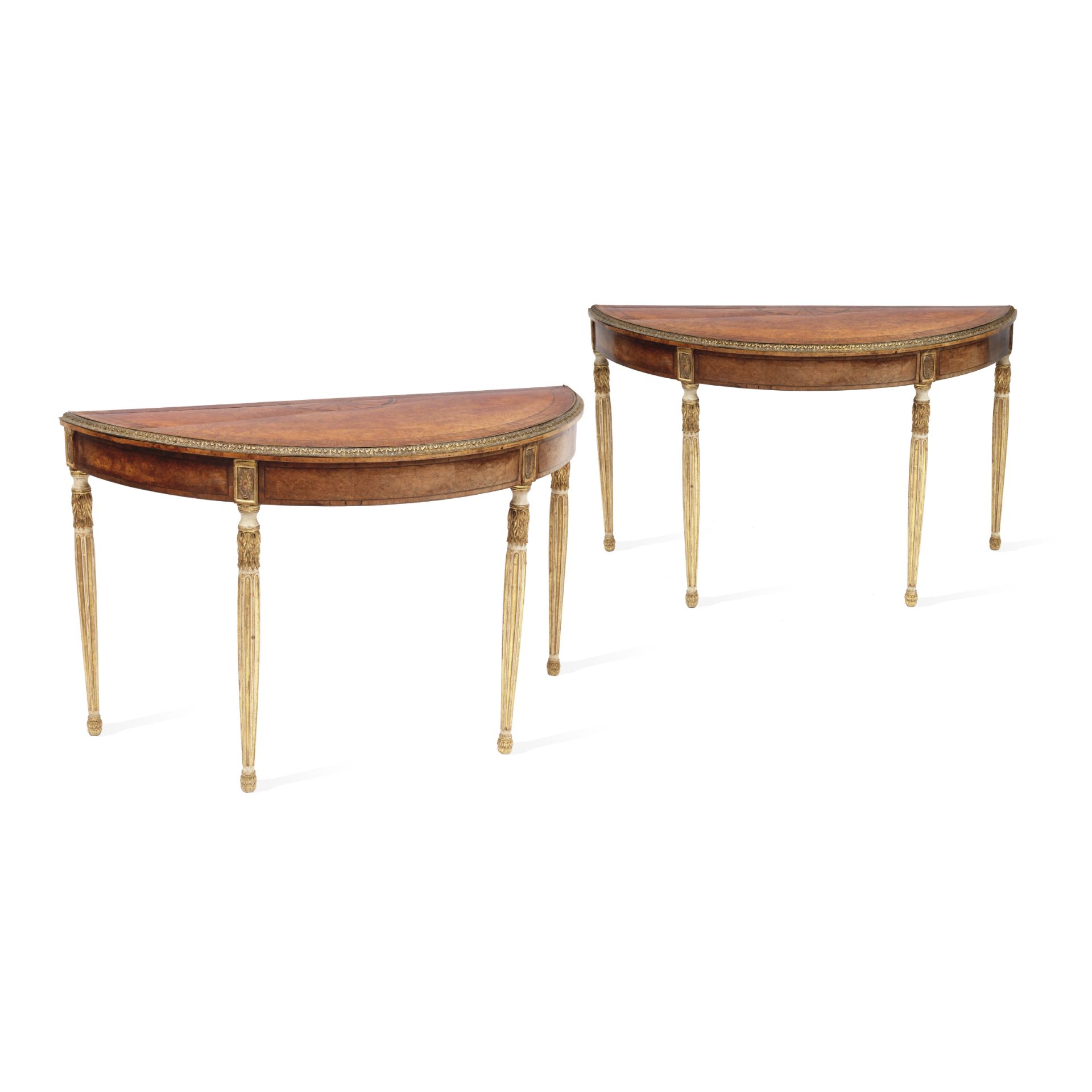 A pair of George III amboyna demi-lune side tables Late 18th century (2)